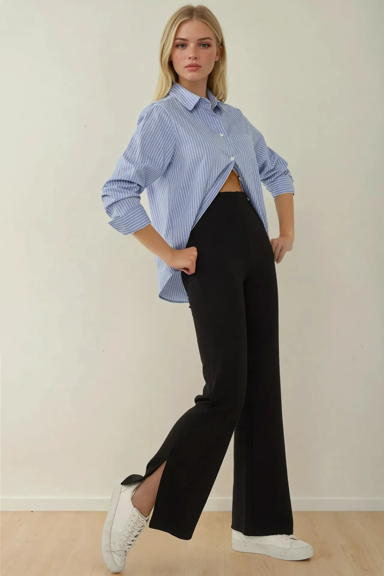 High Waist Flare Leg Pants with Slit