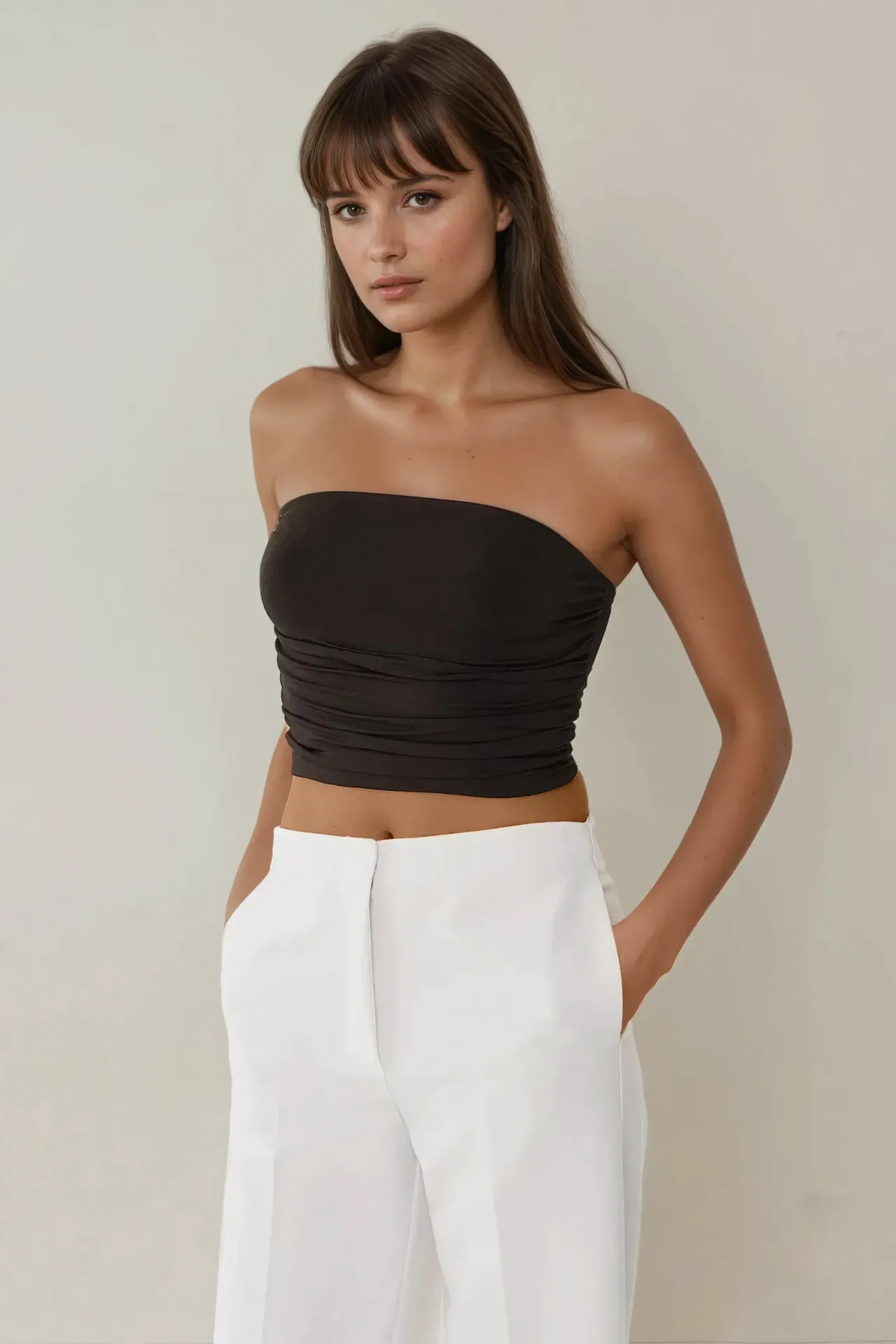 Strapless Ruffle Drape Crop Top