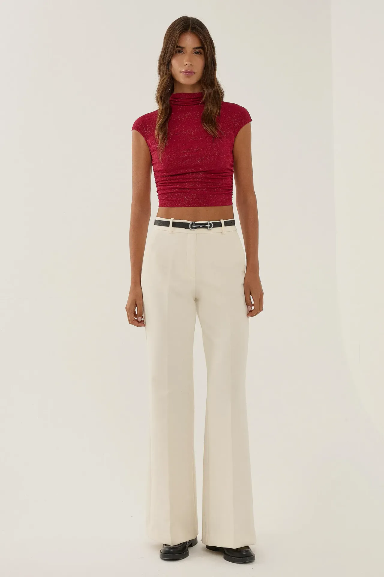 Half Turtleneck Fitted Crop Top with Glare Detail