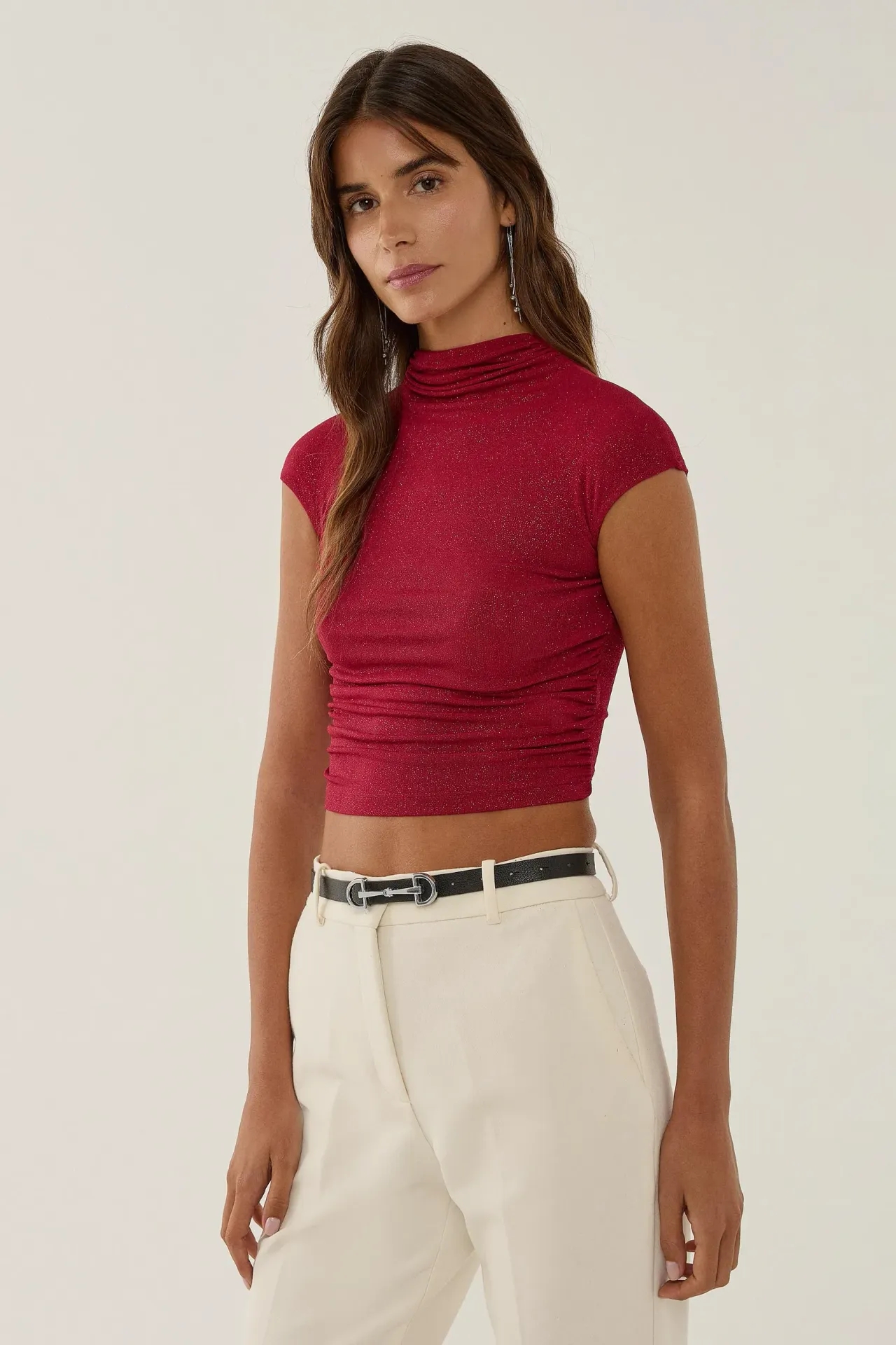 Half Turtleneck Fitted Crop Top with Glare Detail