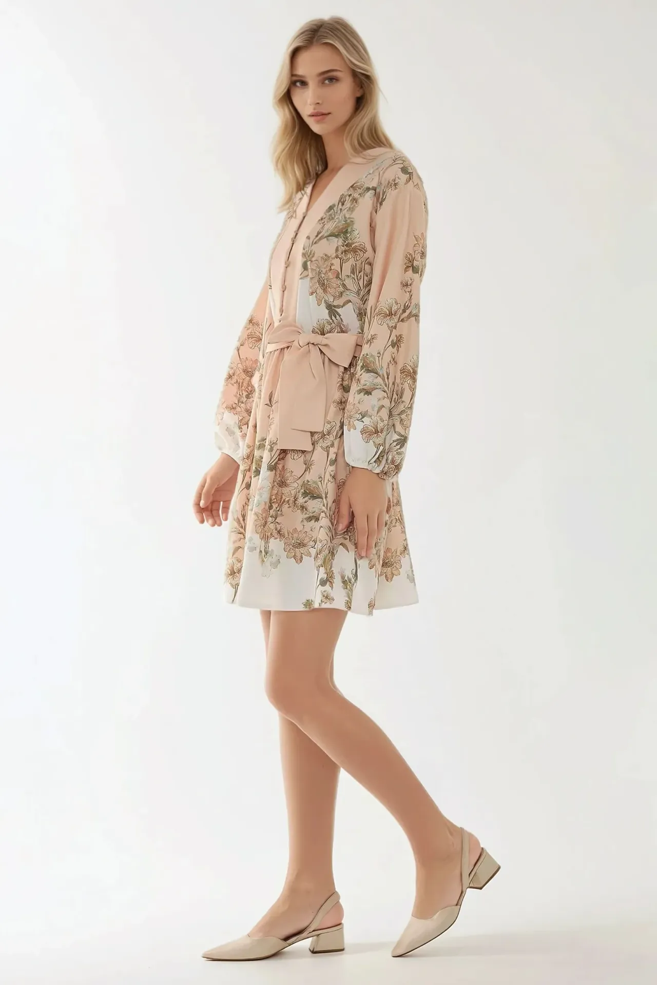 Printed V-Neck Mini Dress with Belt