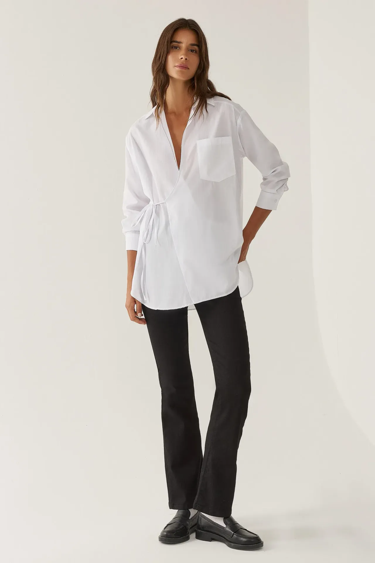 Side Tie Up Long Sleeve Poplin Shirt with Pocket