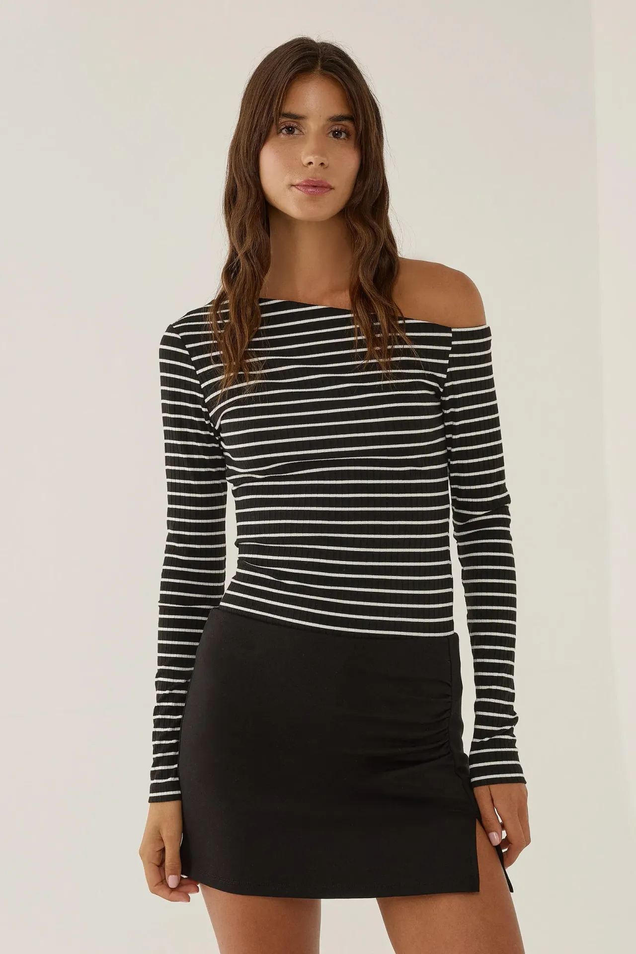 Striped Blouse with Asymmetrical  Shoulder