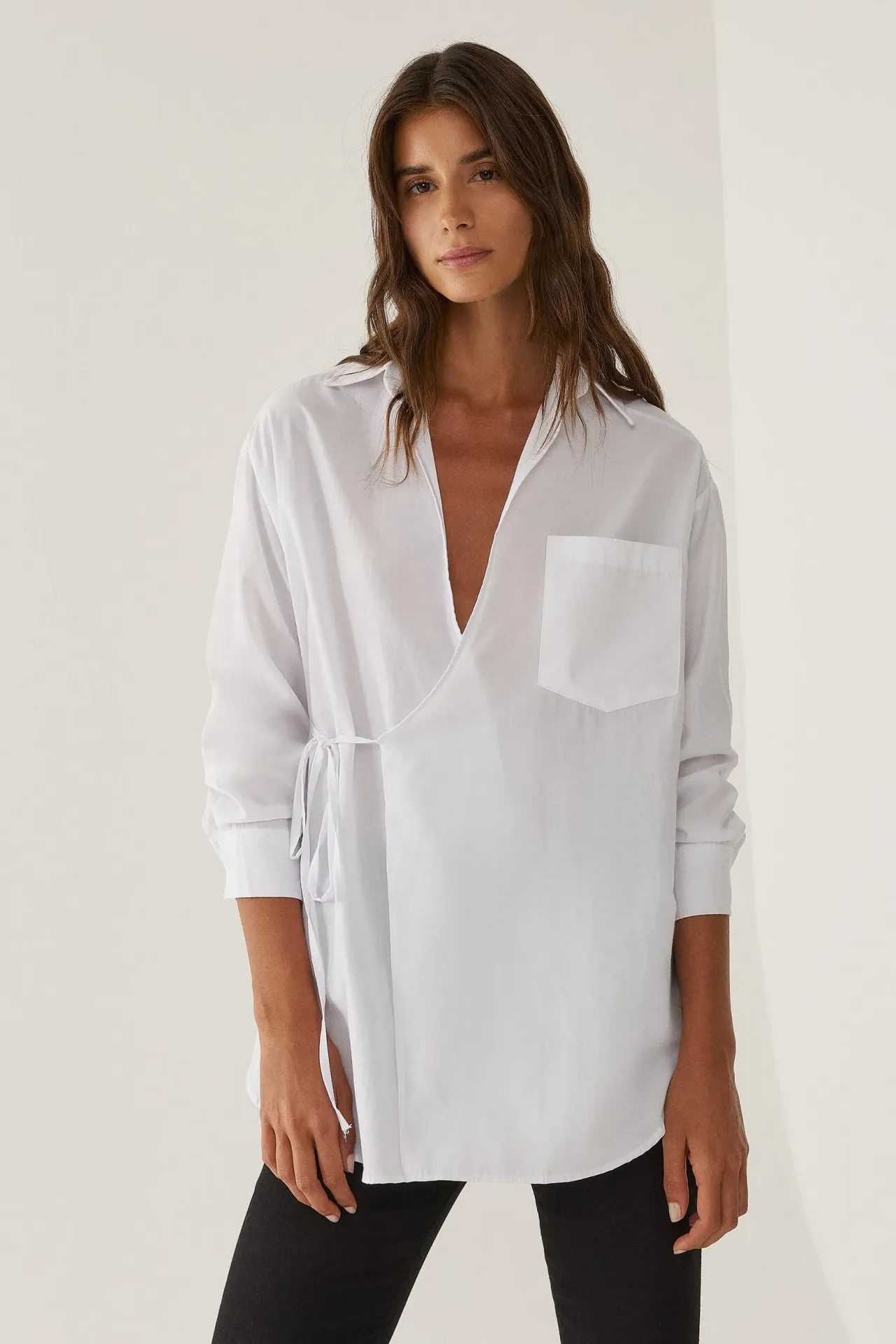 Side Tie Up Long Sleeve Poplin Shirt with Pocket