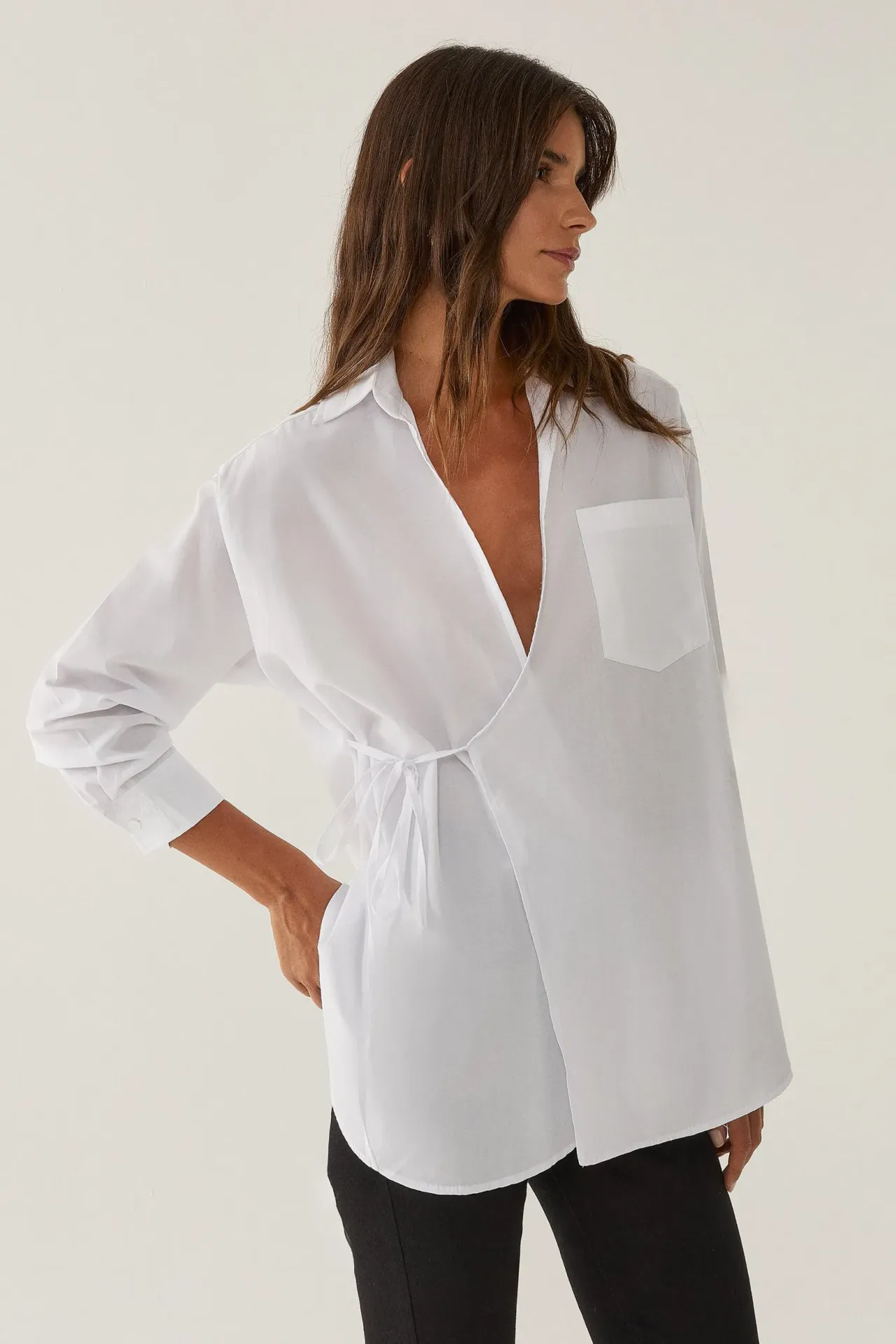 Side Tie Up Long Sleeve Poplin Shirt with Pocket