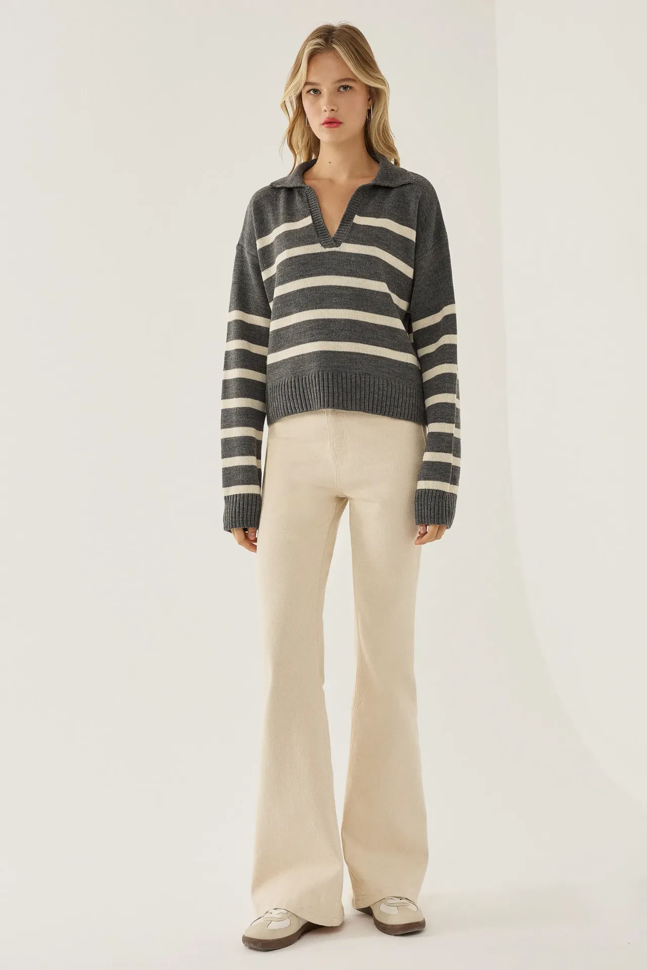 Striped Polo Collar Knit Sweater