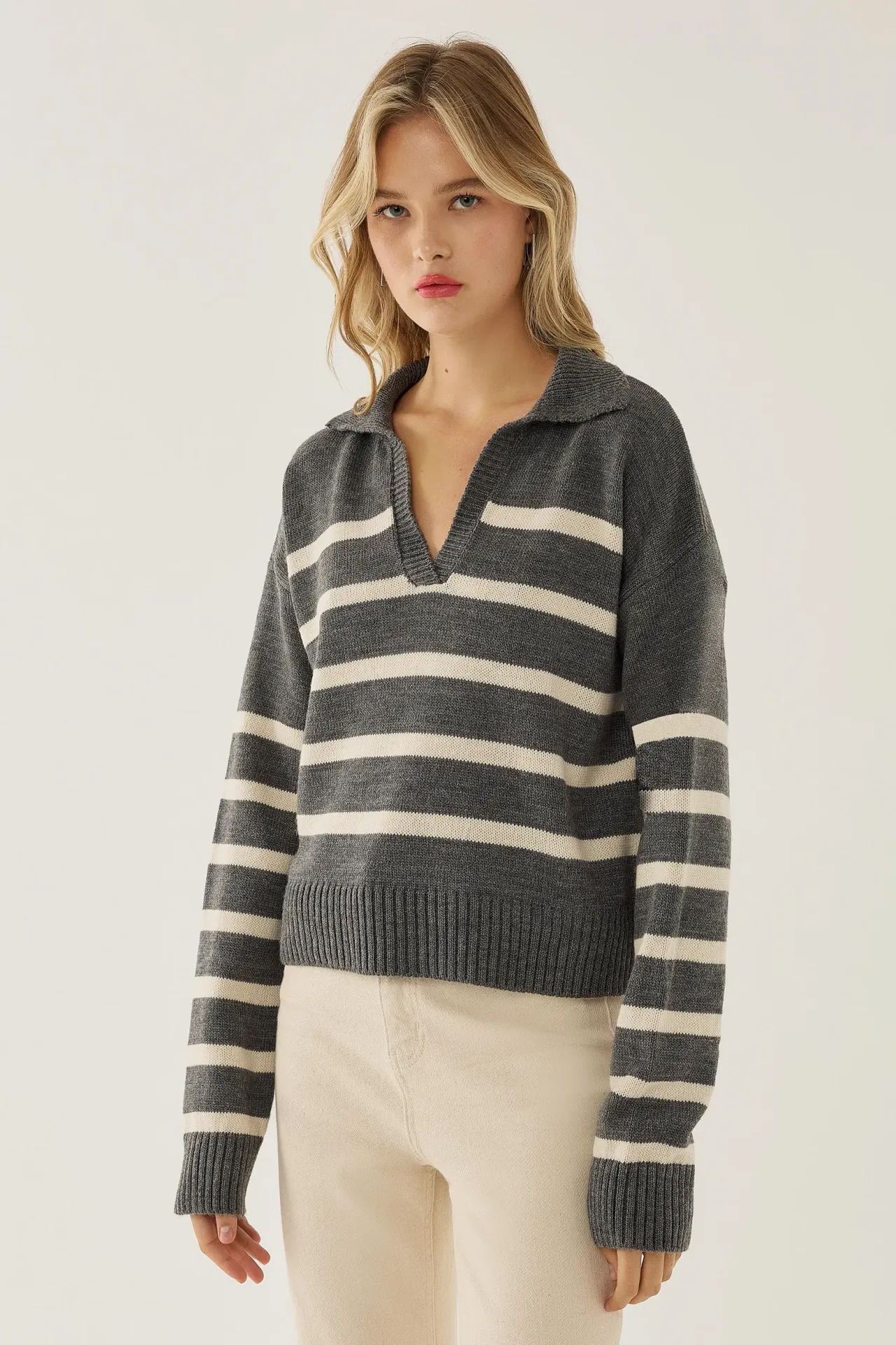 Striped Polo Collar Knit Sweater