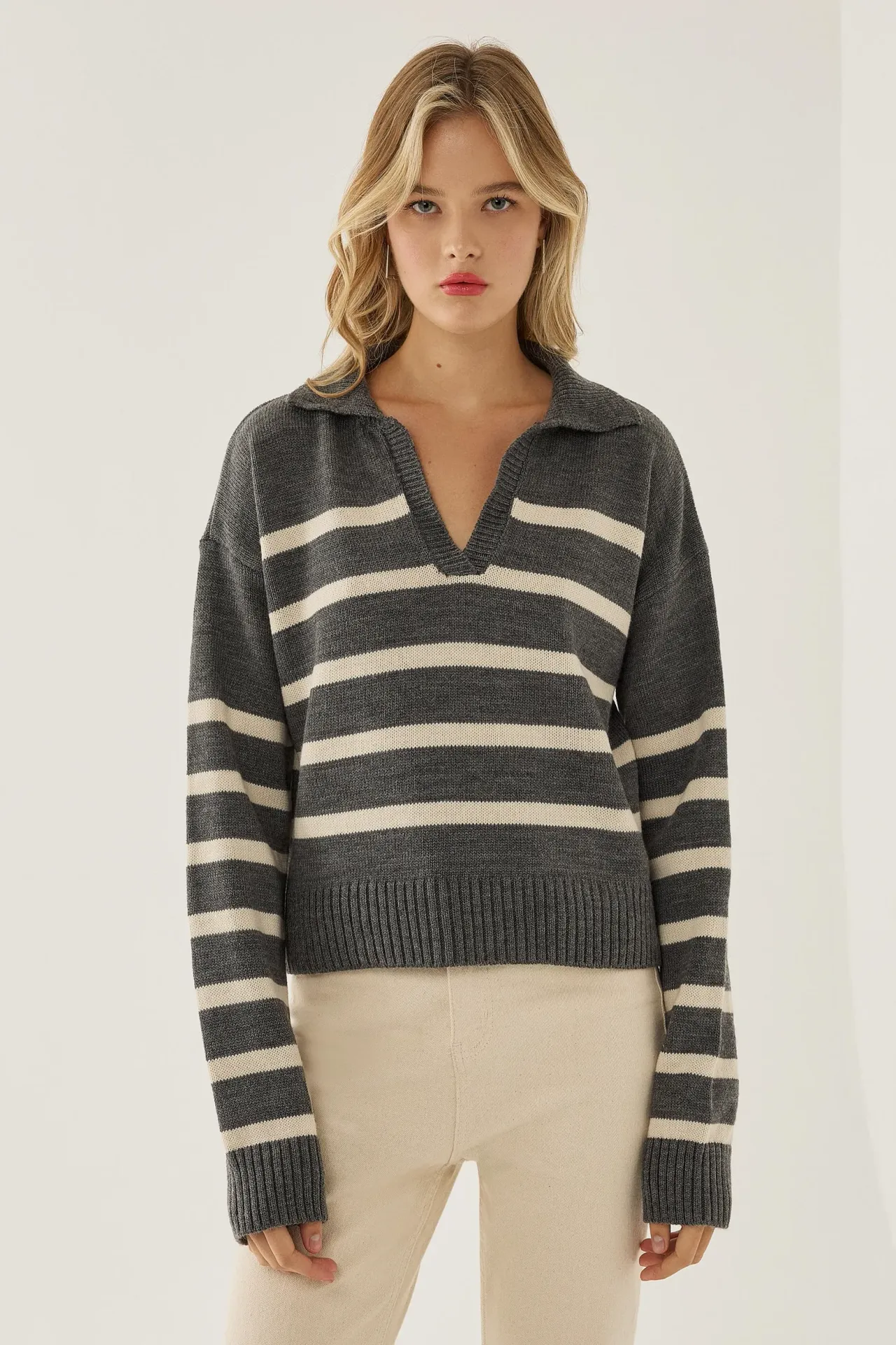 Striped Polo Collar Knit Sweater