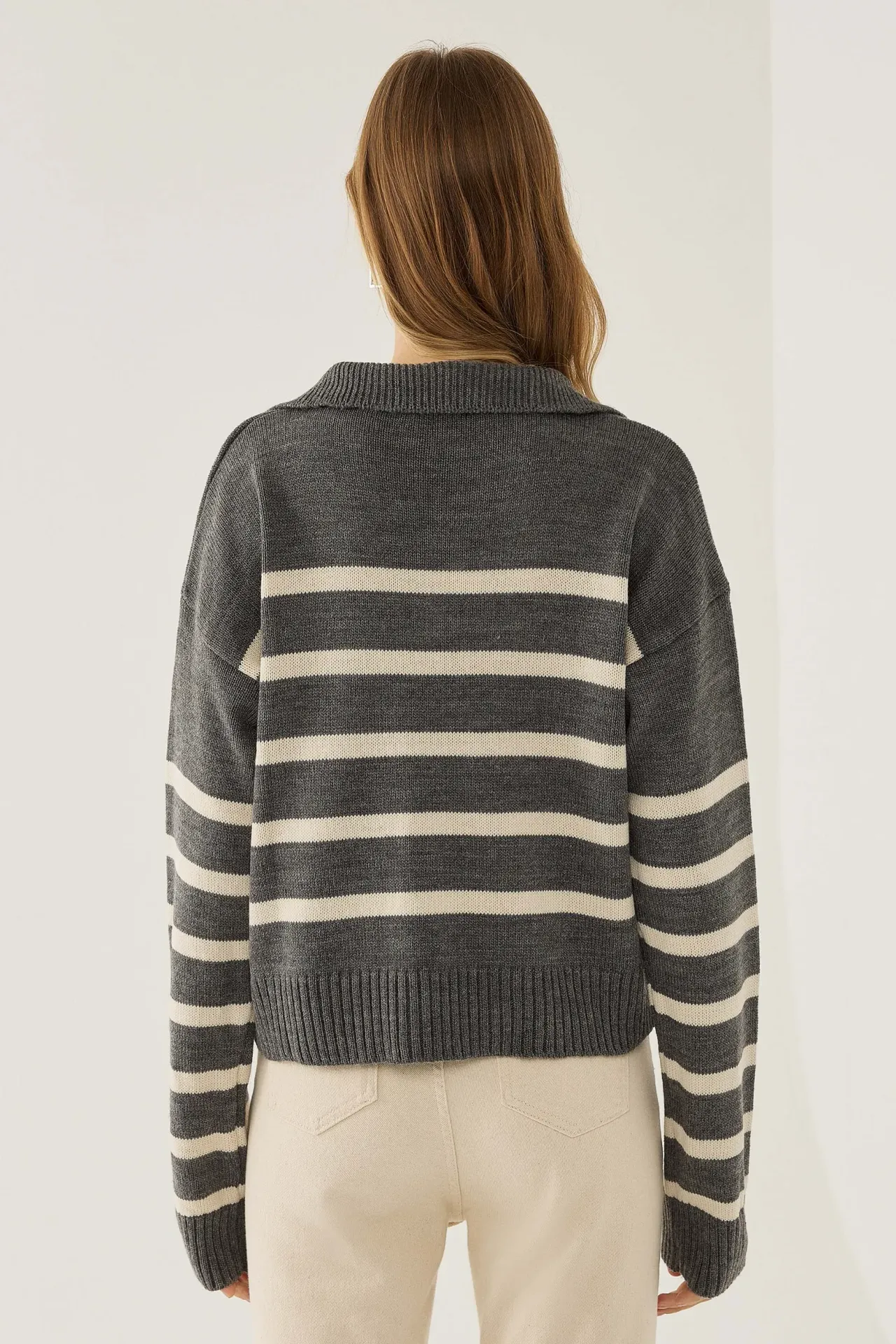 Striped Polo Collar Knit Sweater