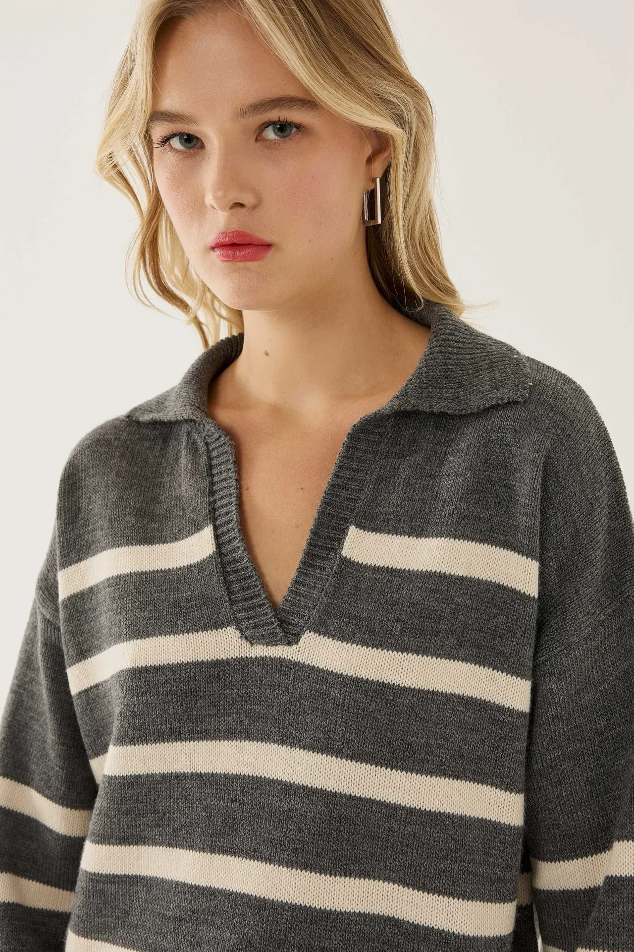 Striped Polo Collar Knit Sweater