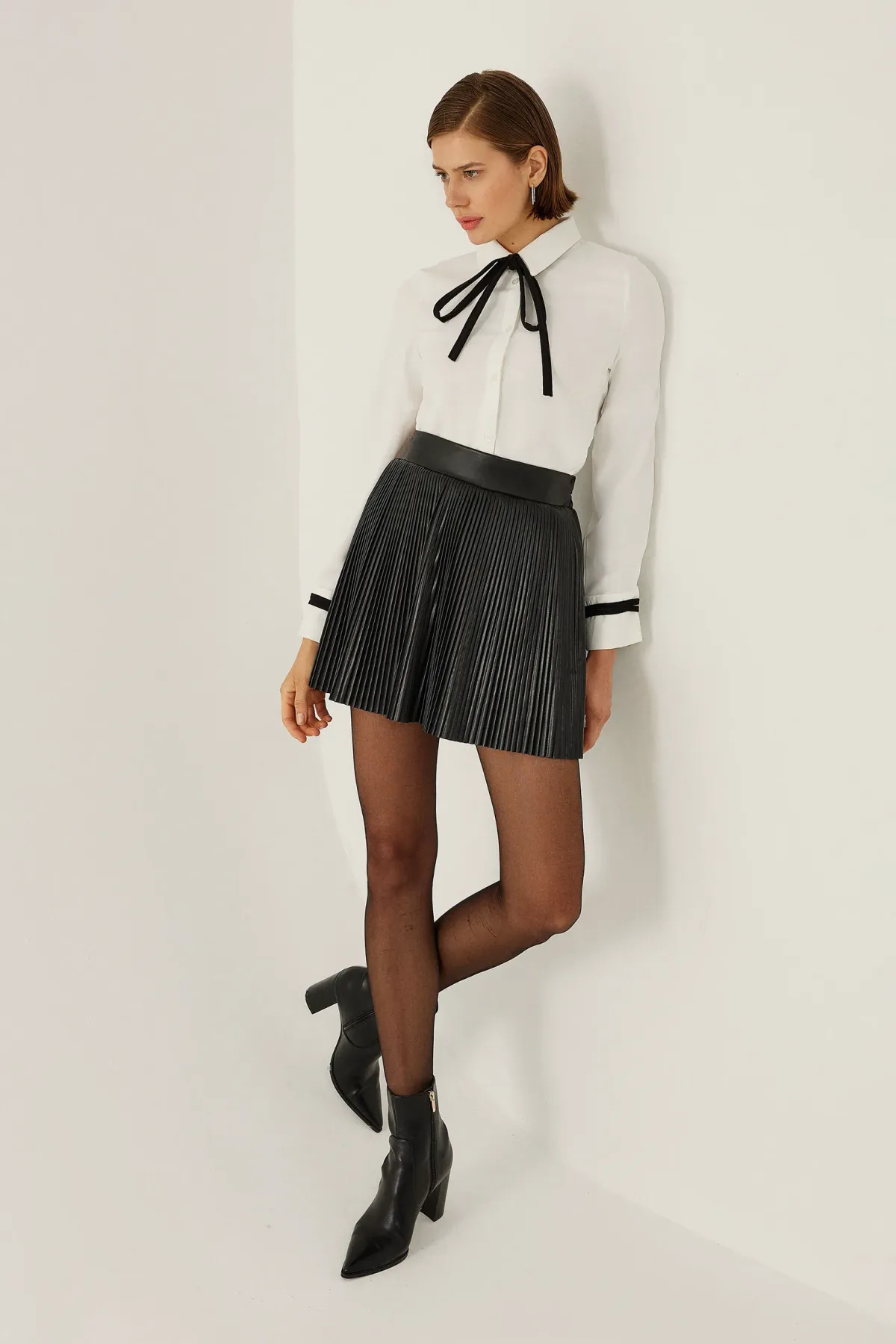 High Waist A-Line Mini Skirt in Faux Leather 1