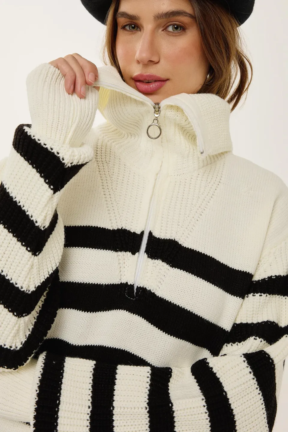Oversized Striped Zippered Sweater