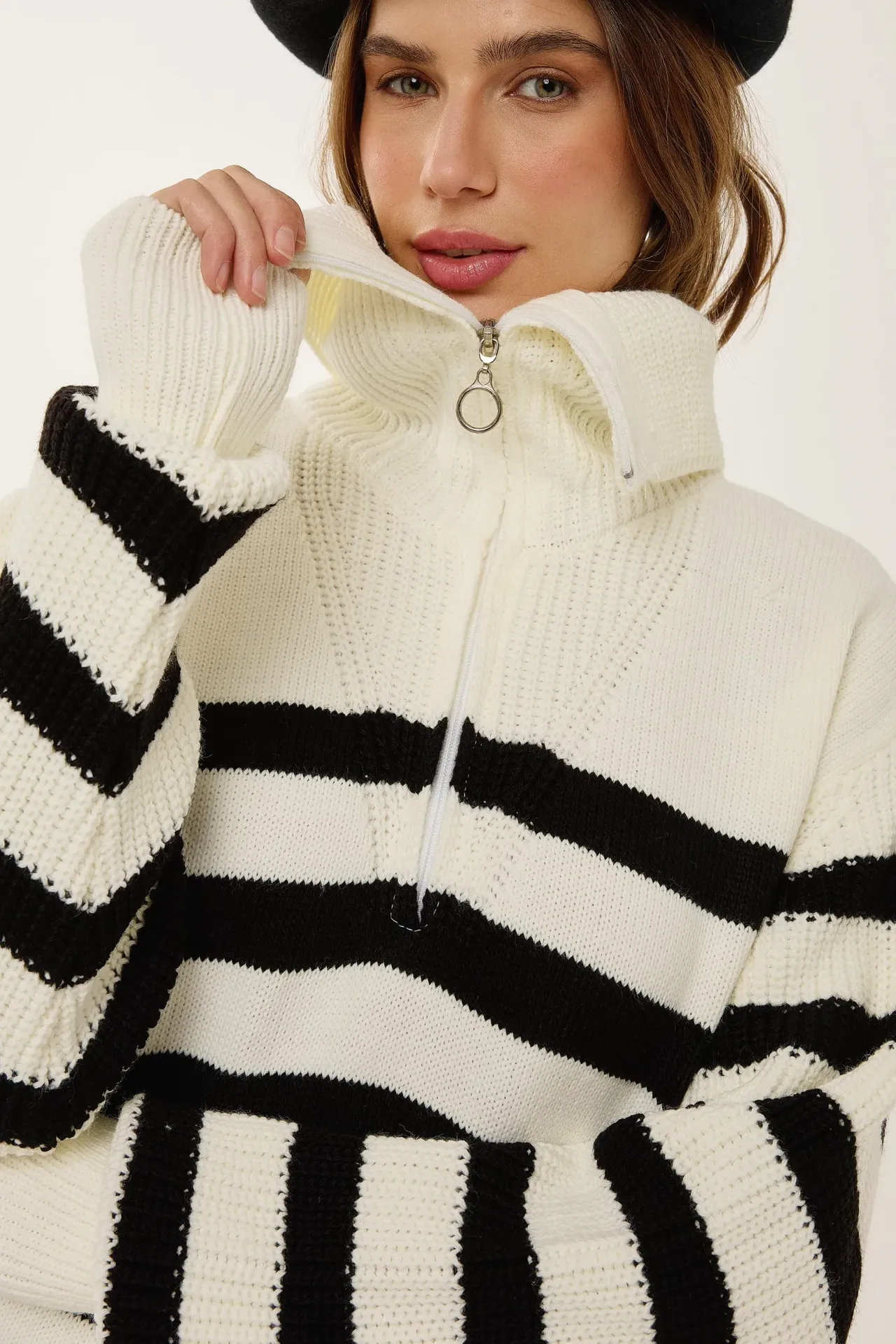 Oversized Striped Zippered Sweater