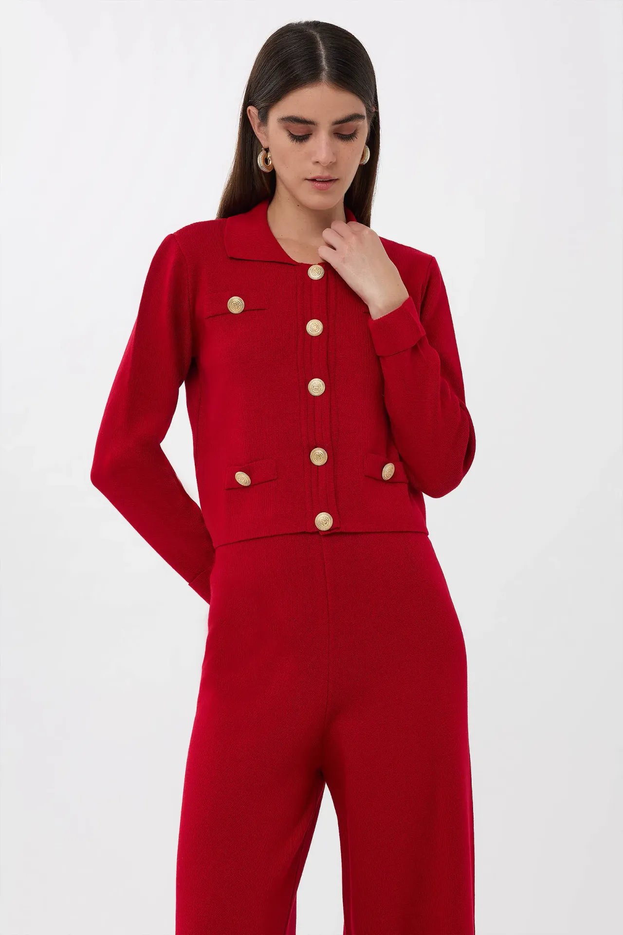 Shirt Collar Long Knit Co-Ord Set