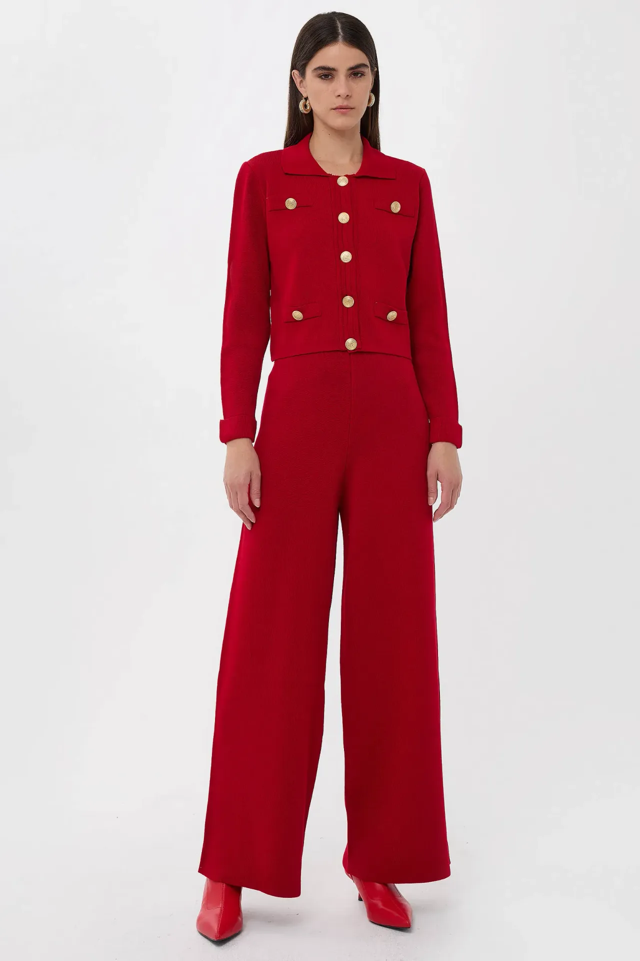 Shirt Collar Long Knit Co-Ord Set