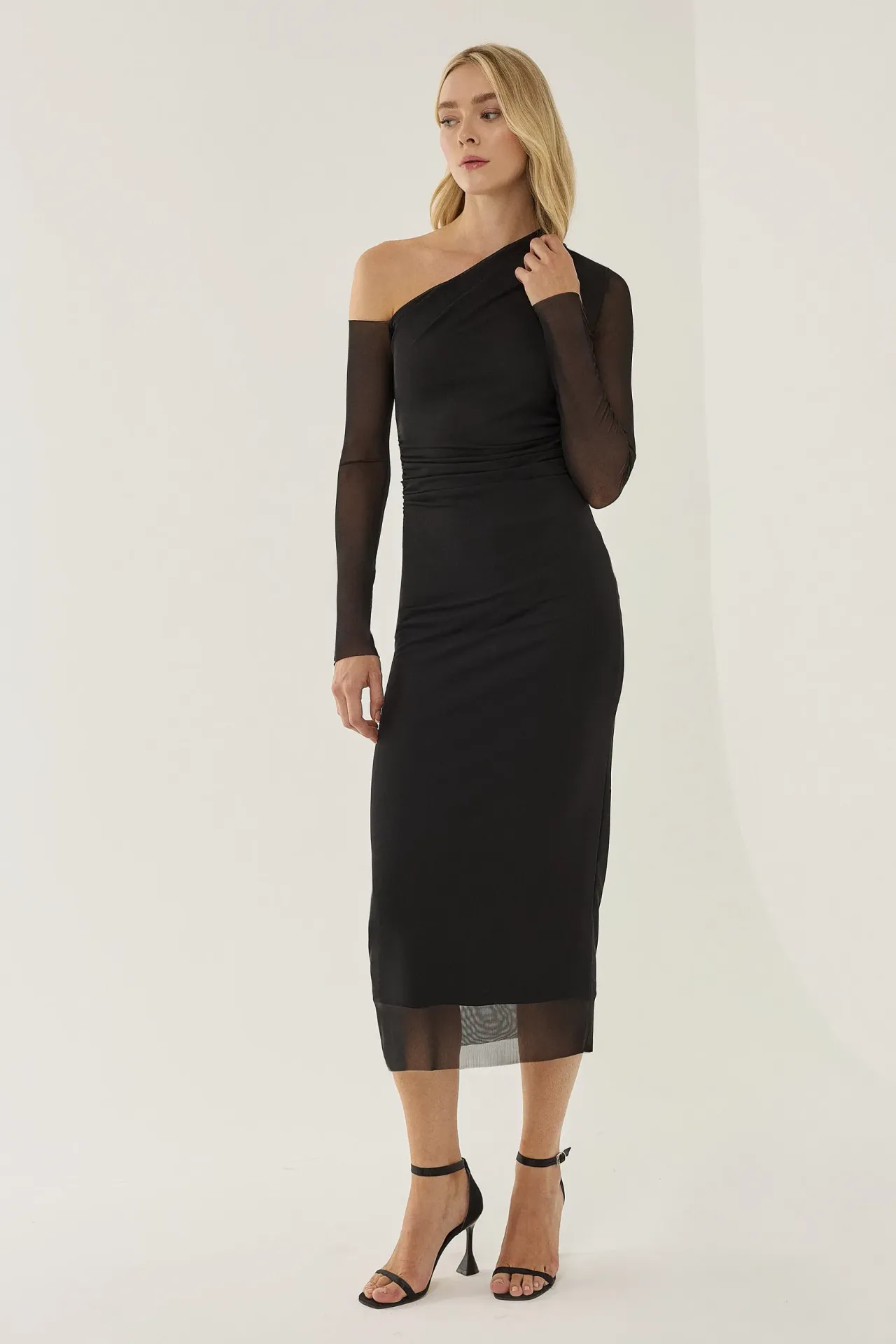 Asymmetrical Neck Bodycon Midi Dress