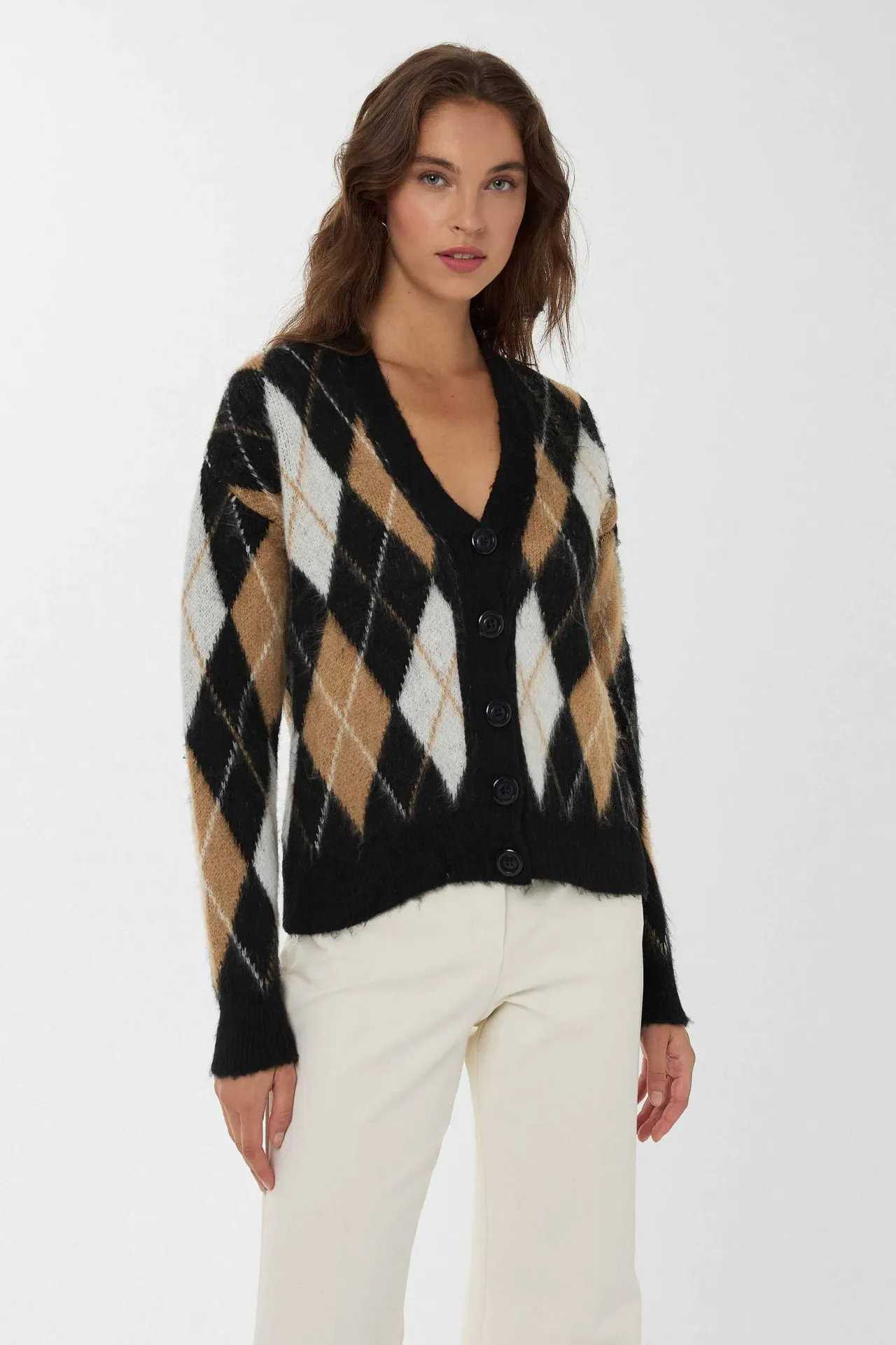 Relaxed Fit V-Neck Diamond Pattern Cardigan