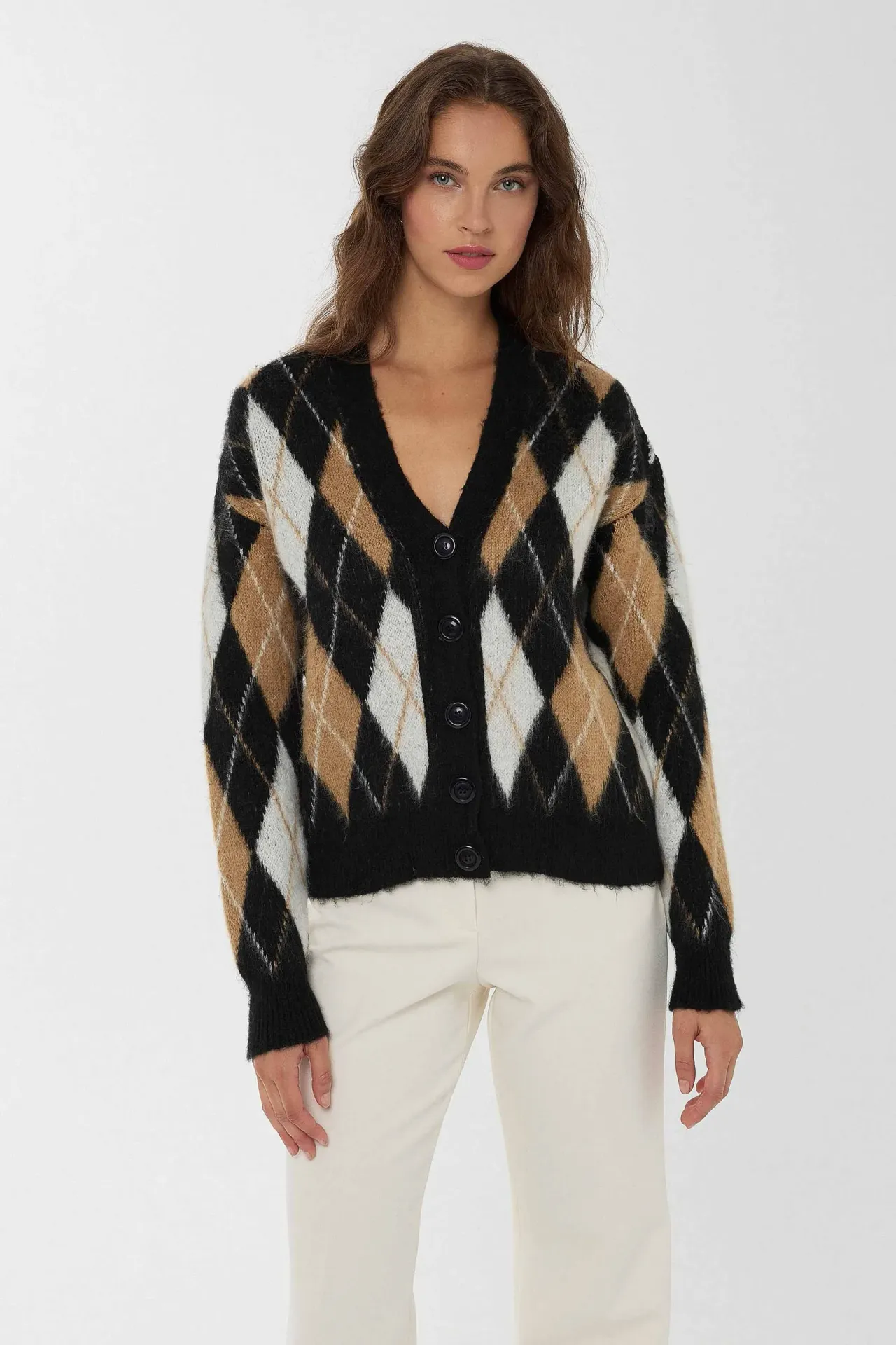 Relaxed Fit V-Neck Diamond Pattern Cardigan