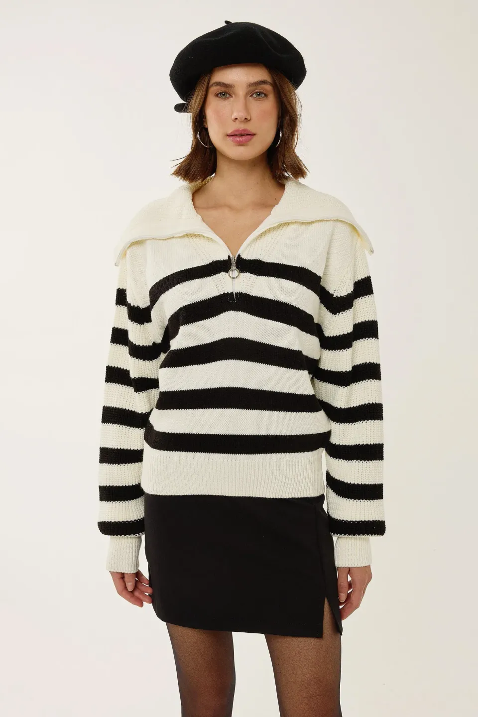 Oversized Striped Zippered Sweater