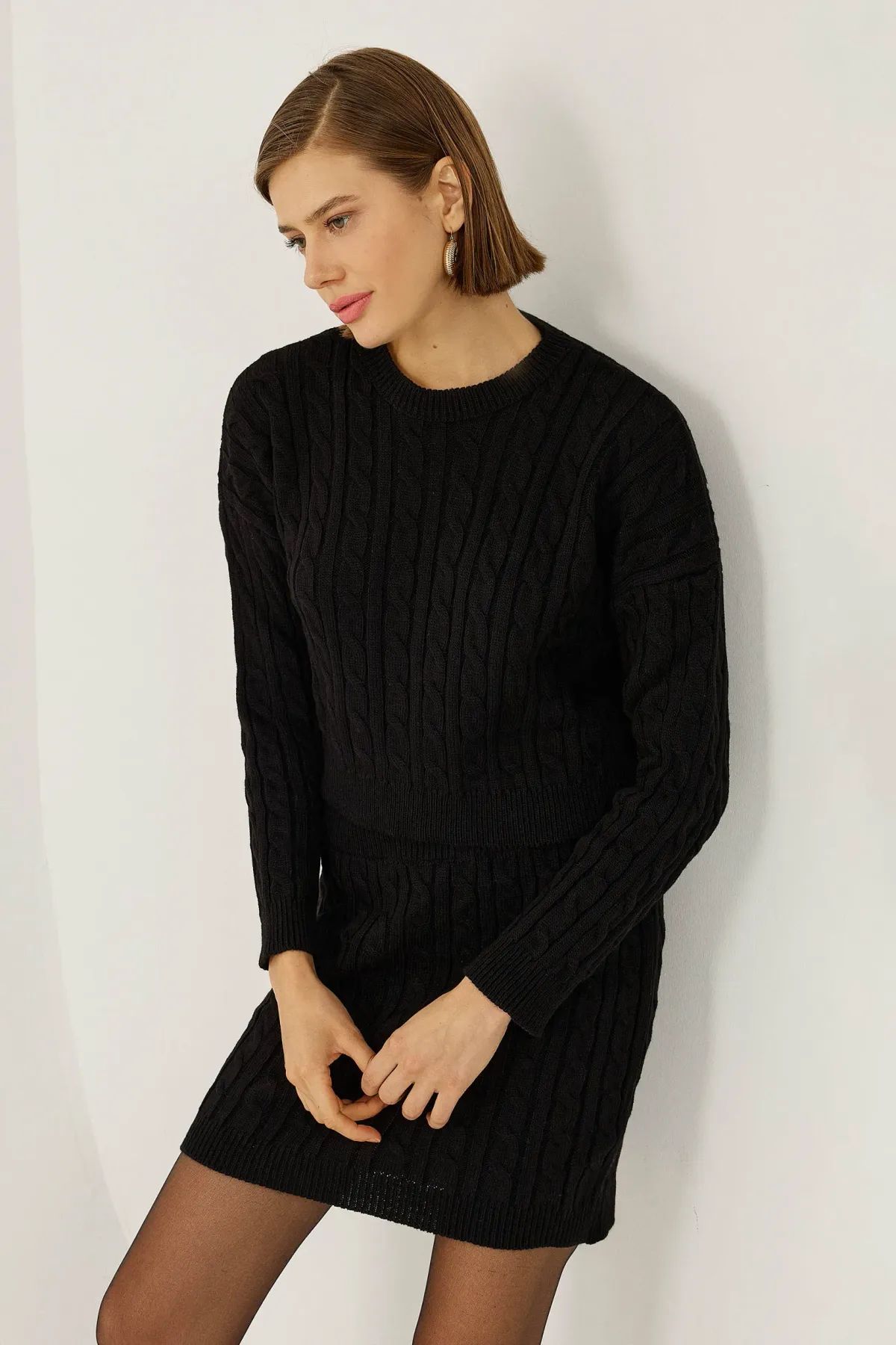 Crew Neck Knitted Sweater & High Waist Mini Skirt 2 Pieces Set 3