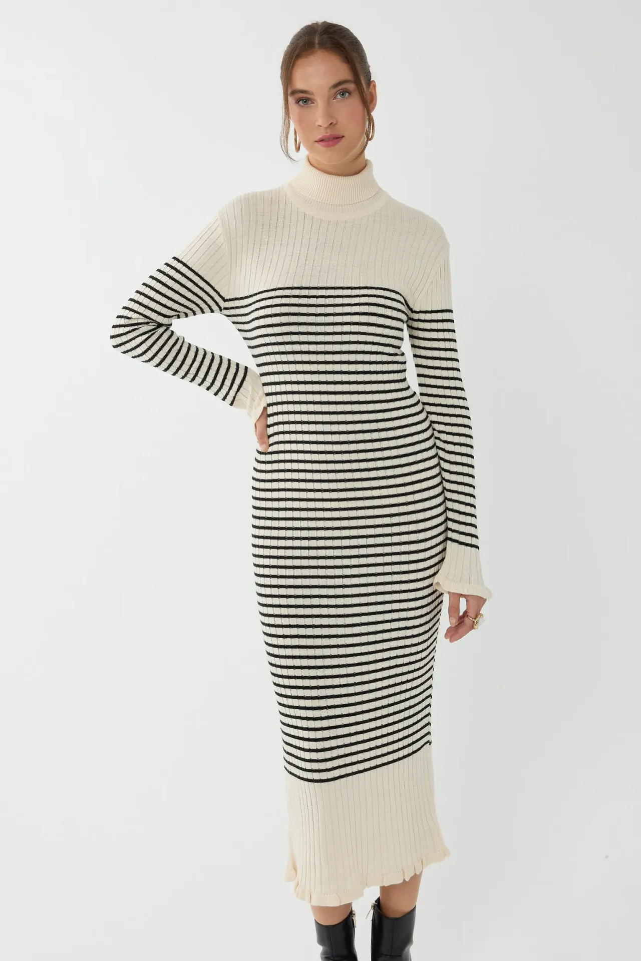 Striped Turtleneck Midi Knit Dress