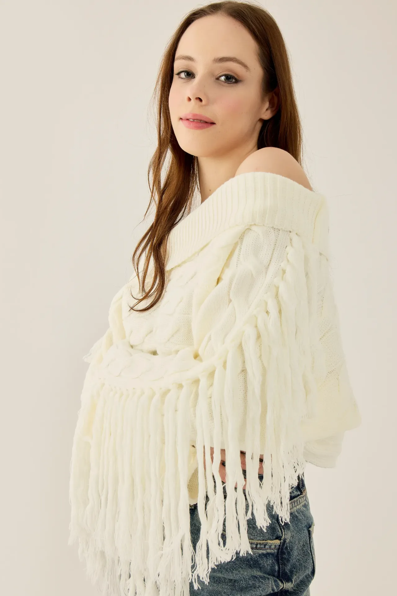Off Shoulder Textured Knit Sweater with Tassels