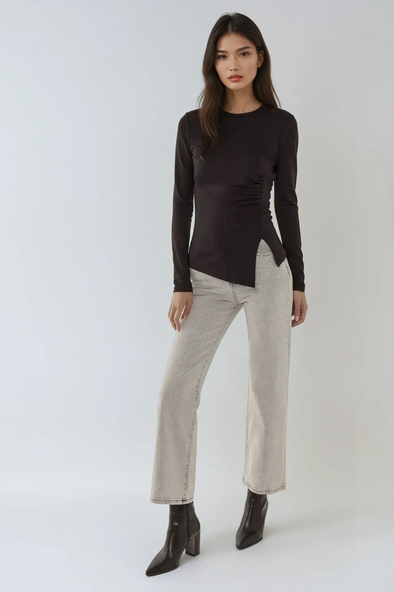 Asymmetric Long Sleeve Crew Neck Top