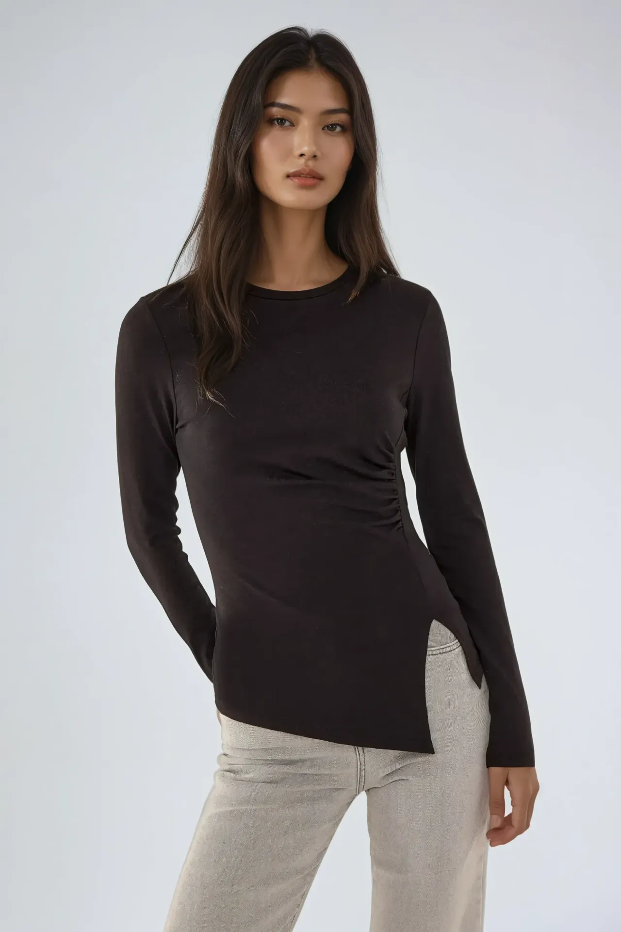 Asymmetric Long Sleeve Crew Neck Top