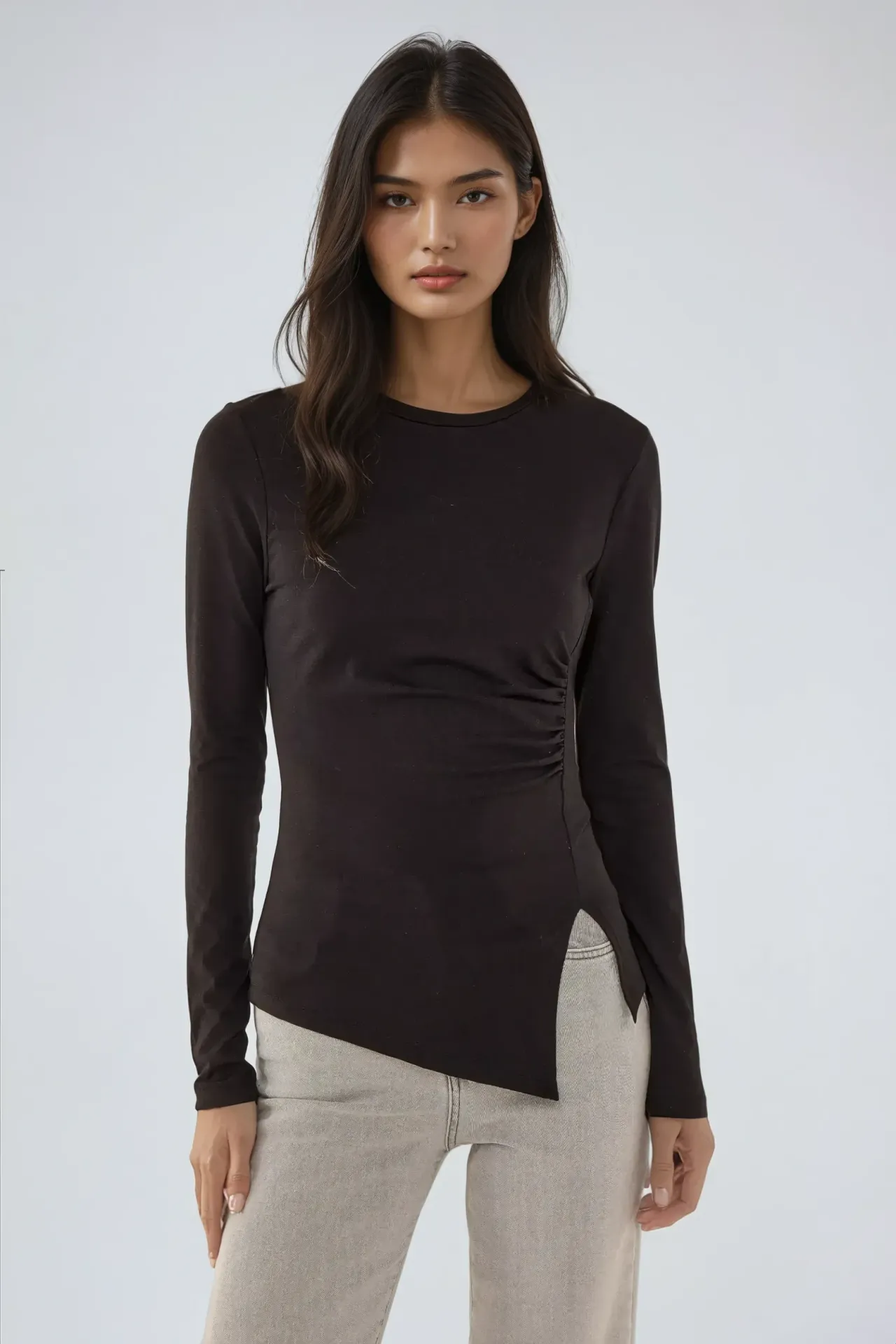 Asymmetric Long Sleeve Crew Neck Top