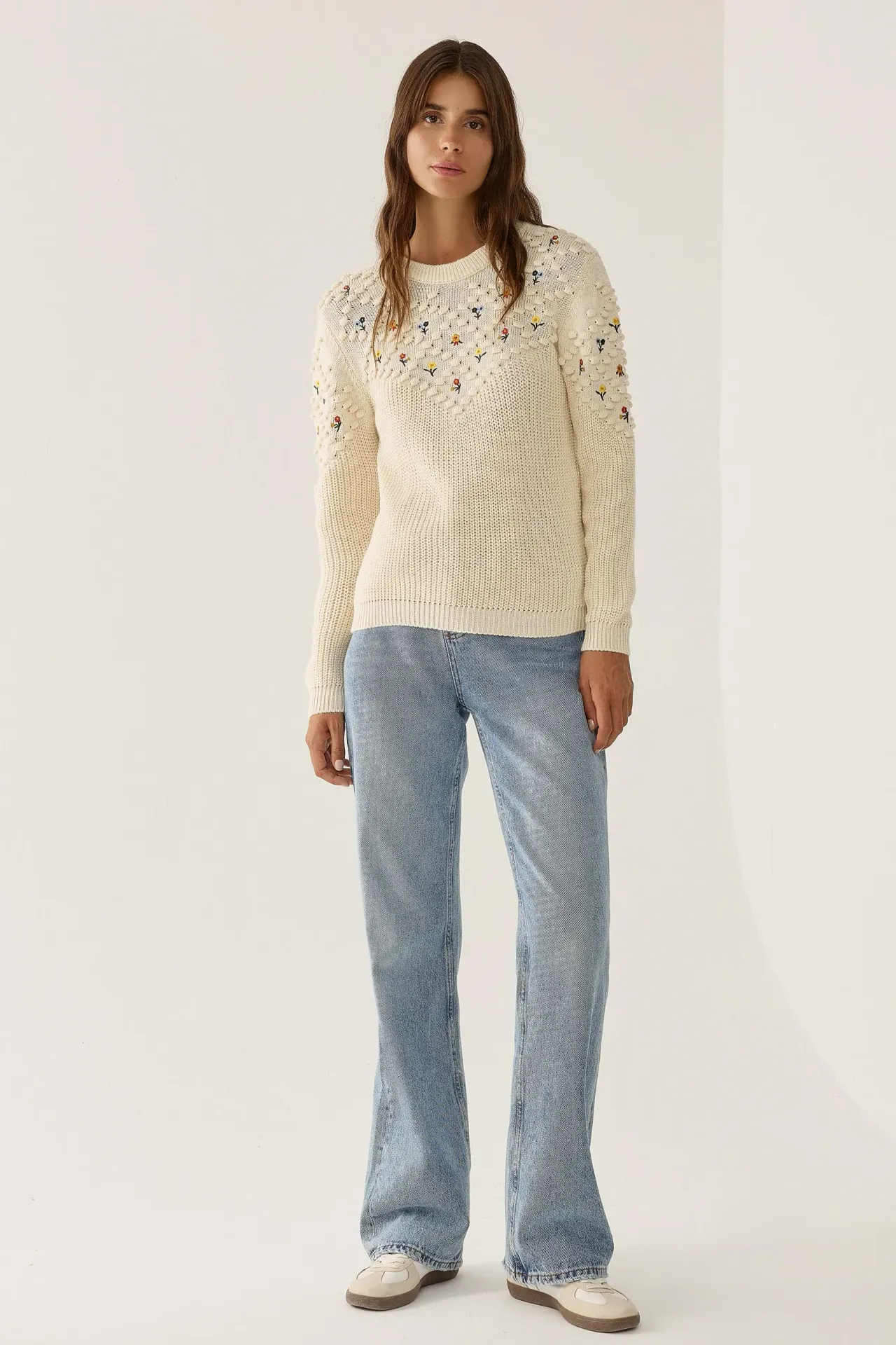 Flower Embroidered Jacquard Knit Sweater