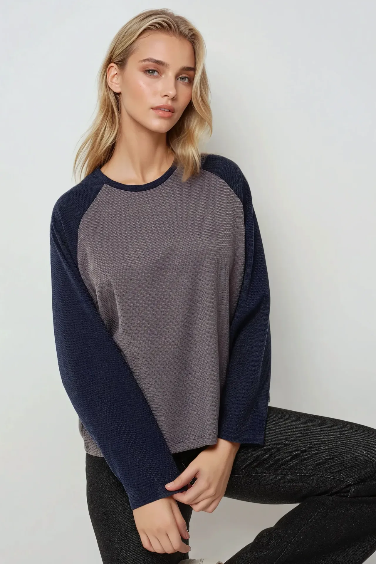 Crew Neck Raglan Long Sleeve Waffle Top