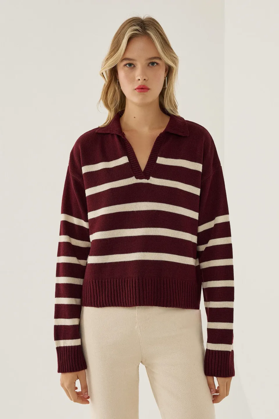 Striped Polo Collar Knit Sweater