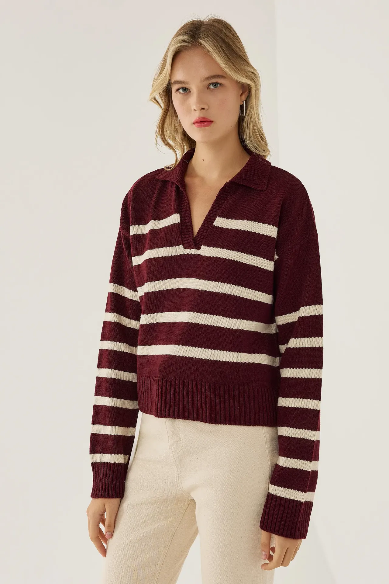 Striped Polo Collar Knit Sweater