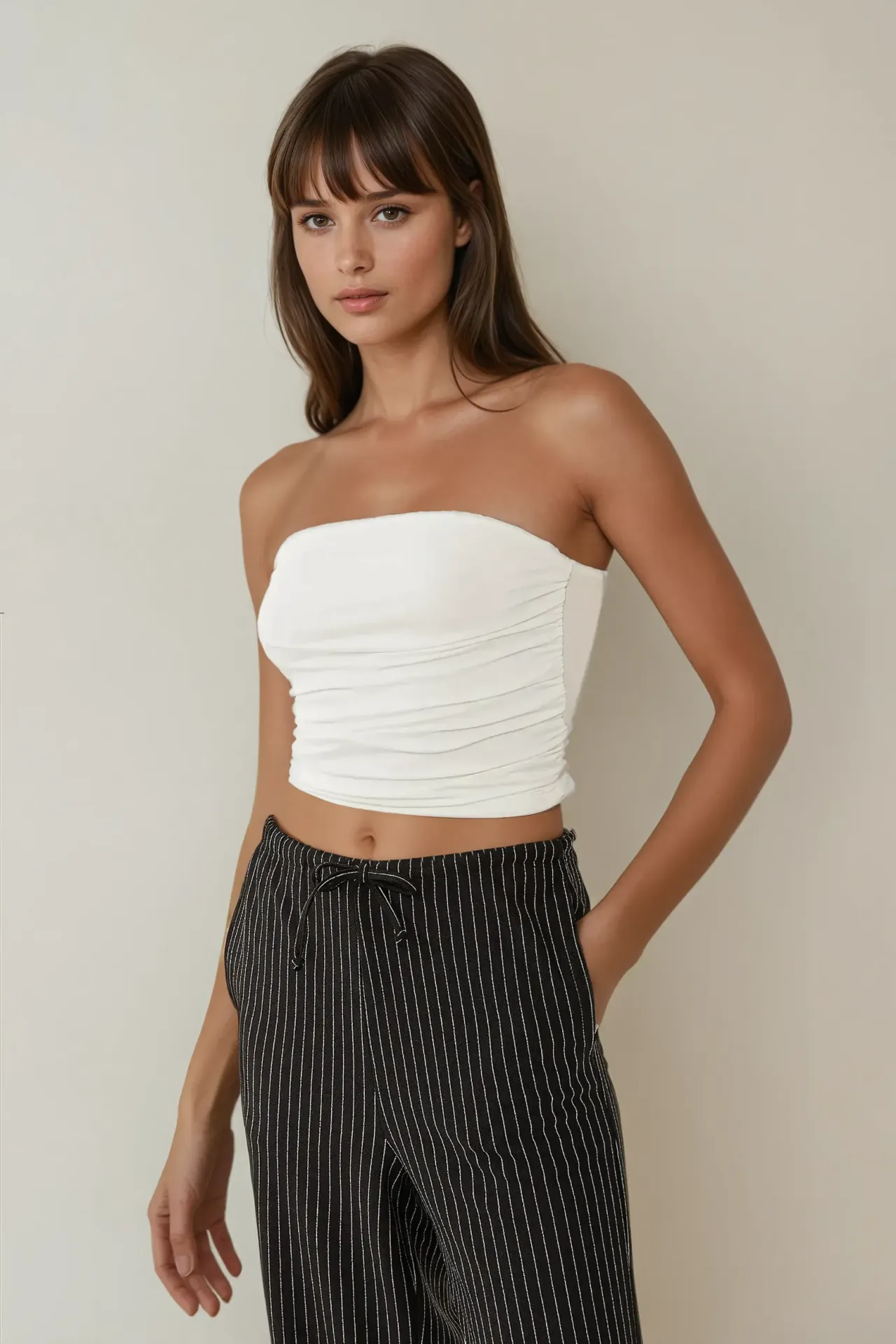 Strapless Ruffle Drape Crop Top