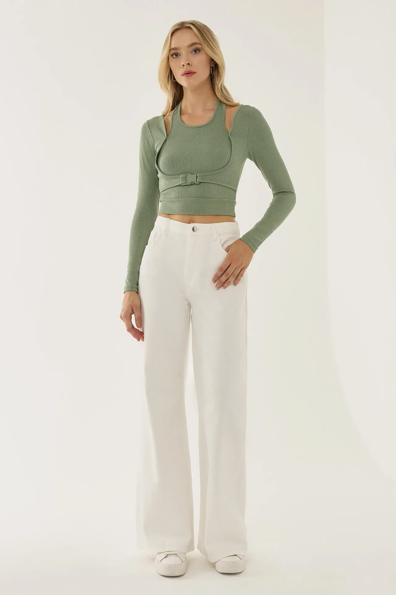 Long Sleeve Buckle Crop Top