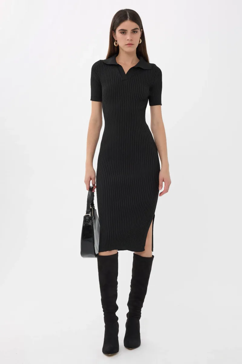 Knitted Short Sleeve Side-Slit Dress 1
