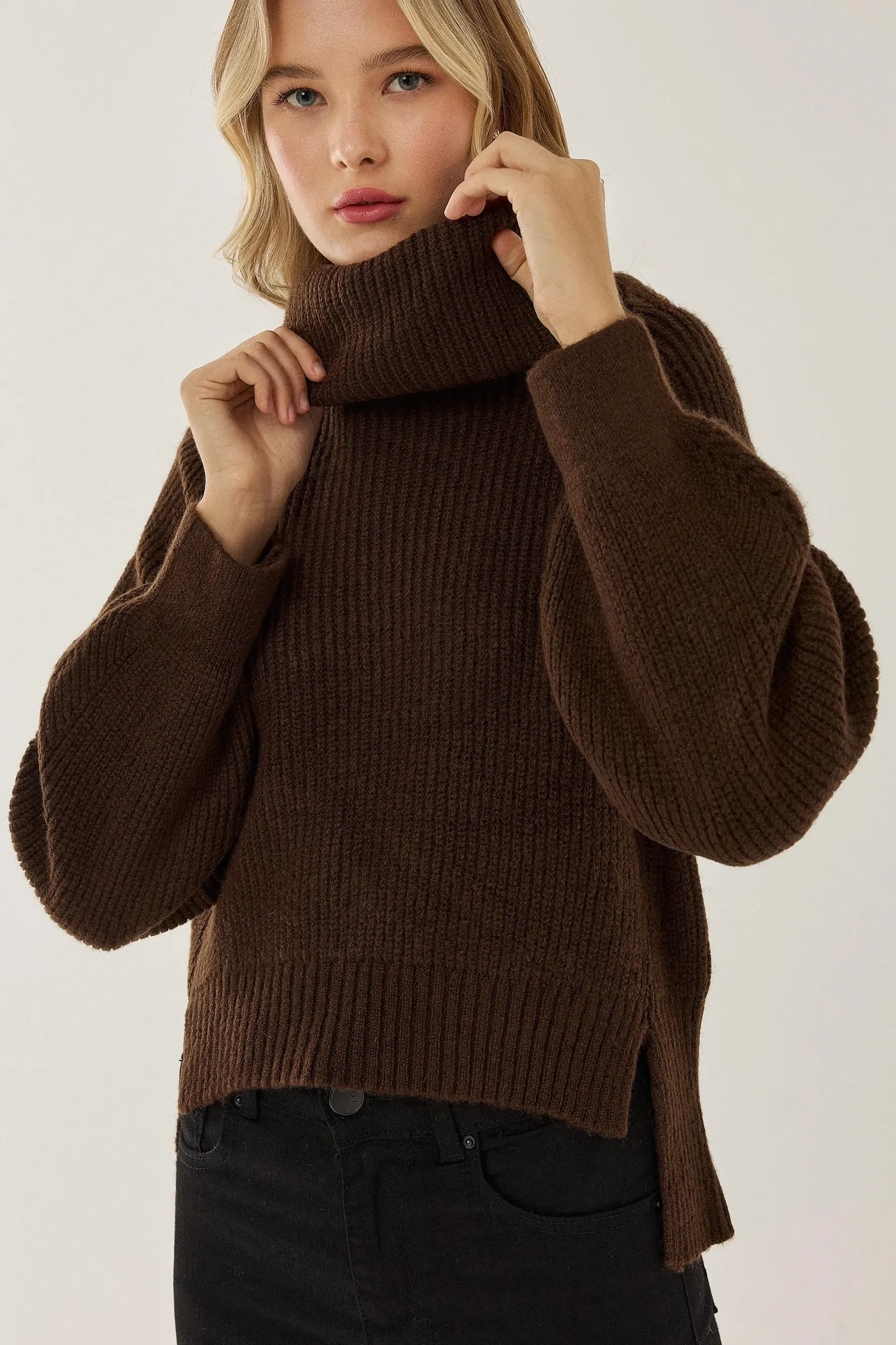 Brown Oversized Turtleneck Knit Sweater Women