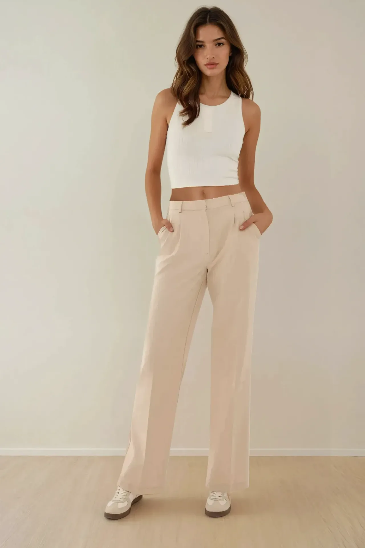 Mid Waist Pleated Straight Fit Pants