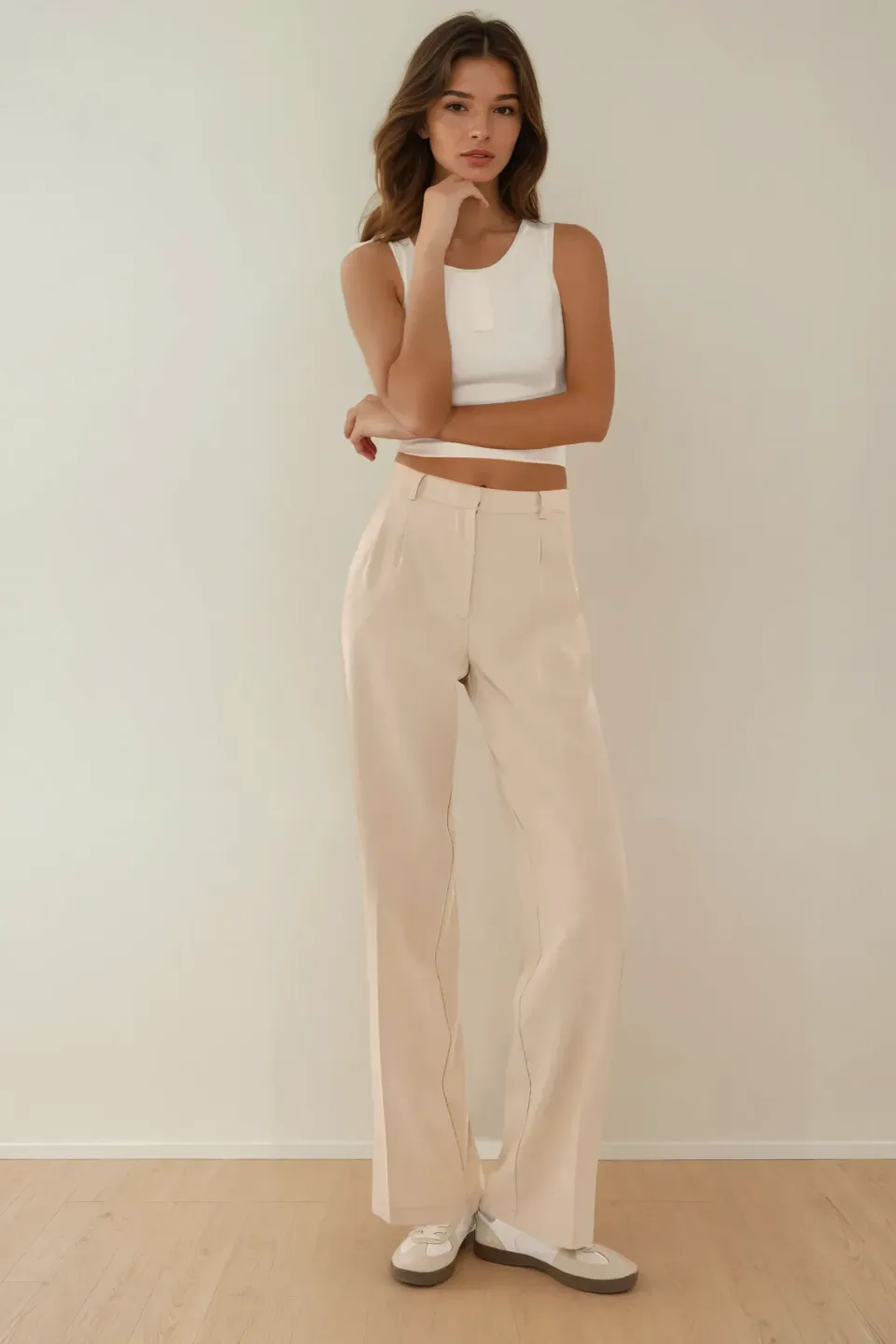 Mid Waist Pleated Straight Fit Pants