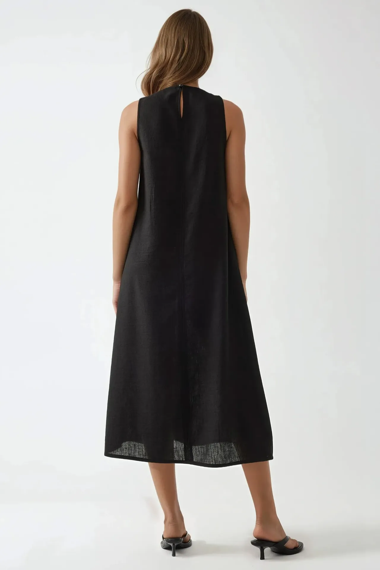 Linen Feel Sleeveless Crew Neck Midi Dress