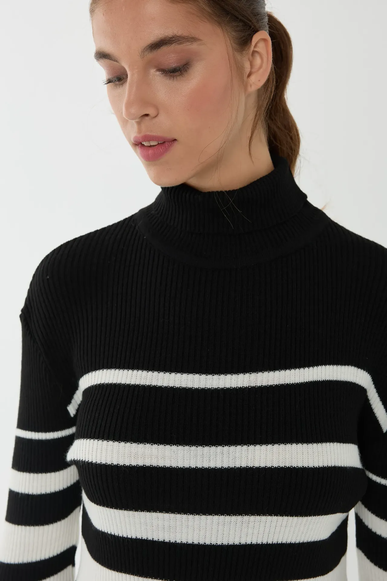 Striped Turtleneck Bodycon Midi Dress