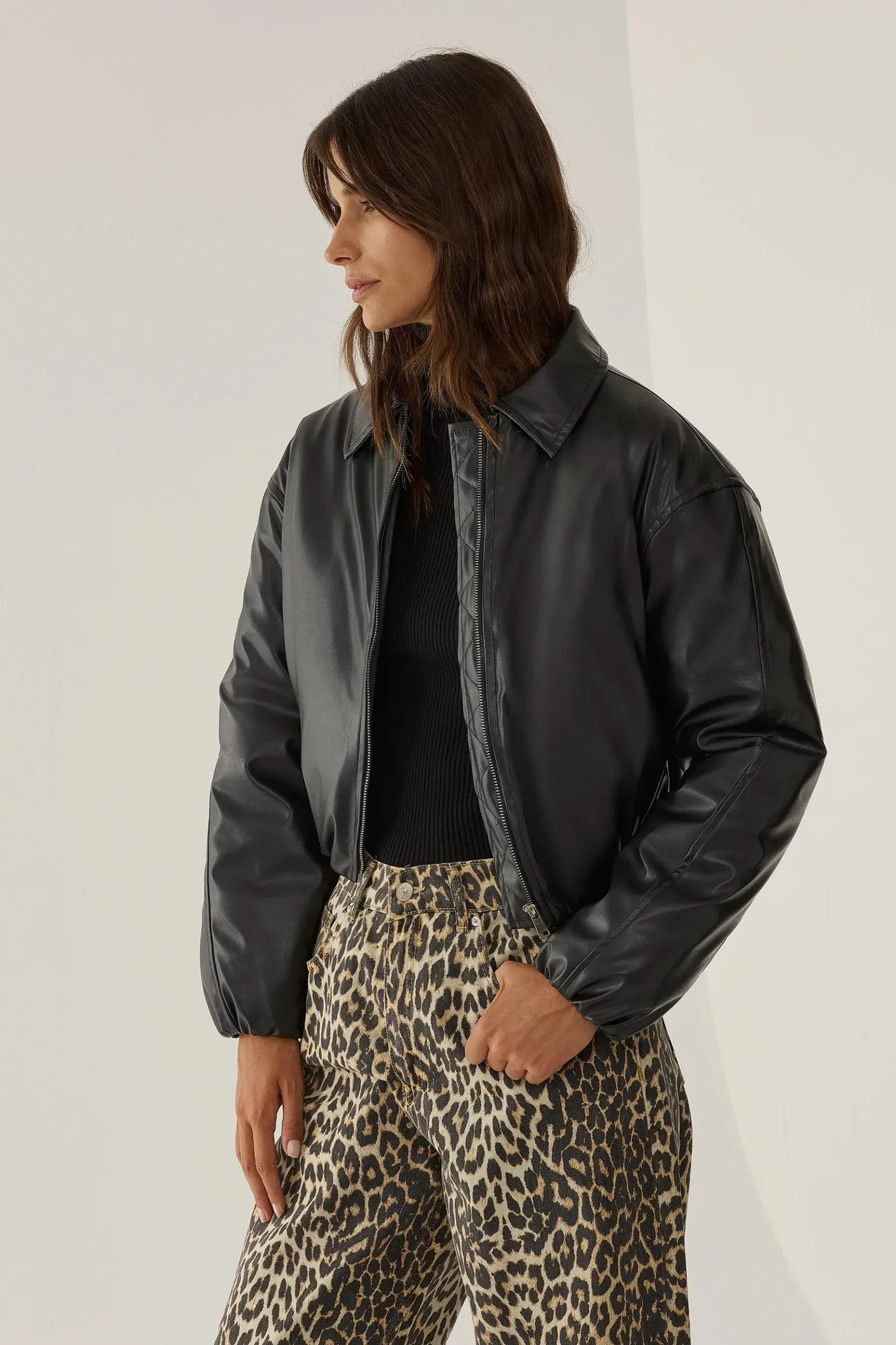 Faux Leather Bomber Puffer Jacket 3
