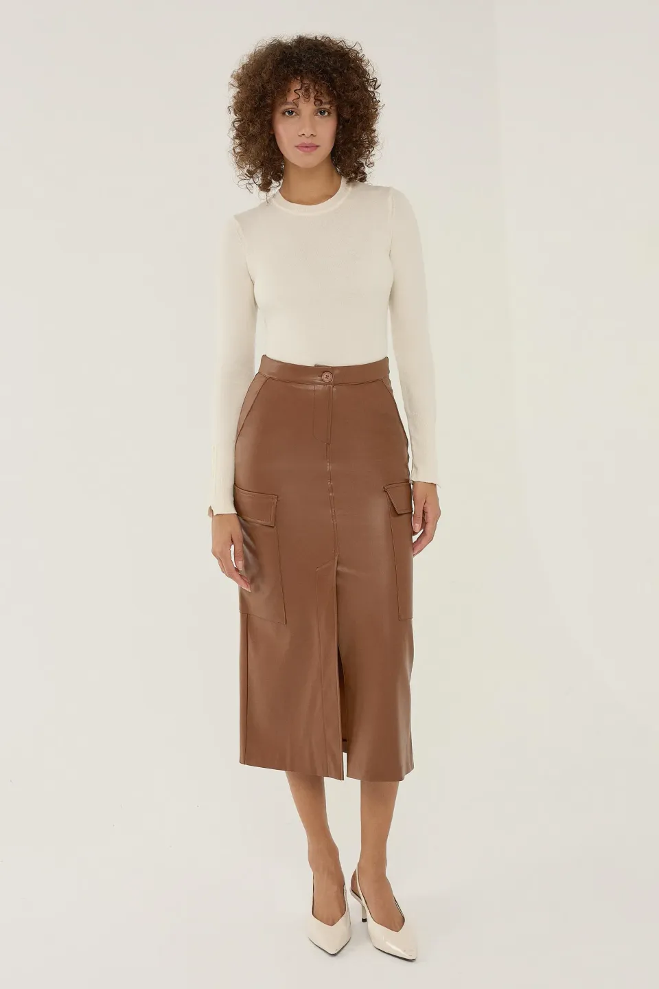 Faux Leather Pocket Detailed Midi Skirt