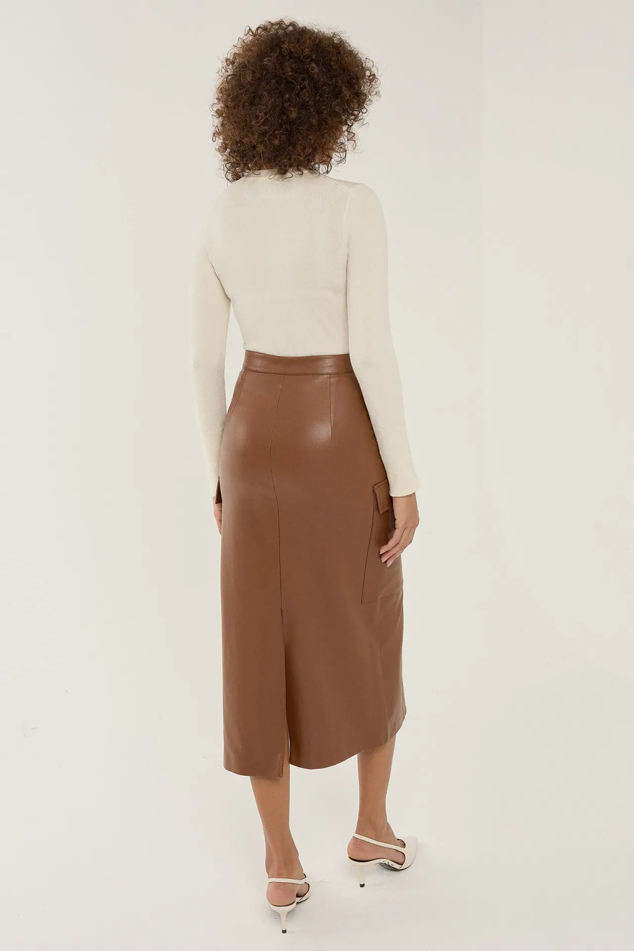 Faux Leather Pocket Detailed Midi Skirt