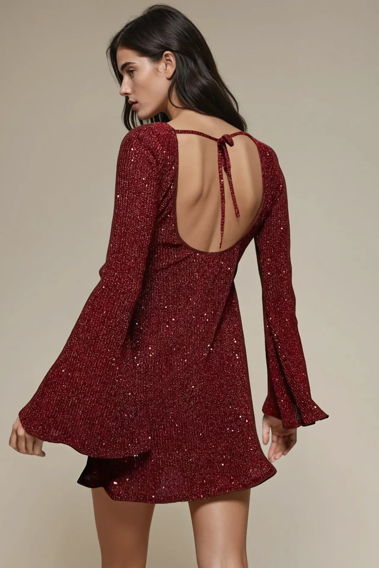 Burgundy Mini Sequin Dress with Angel Arms