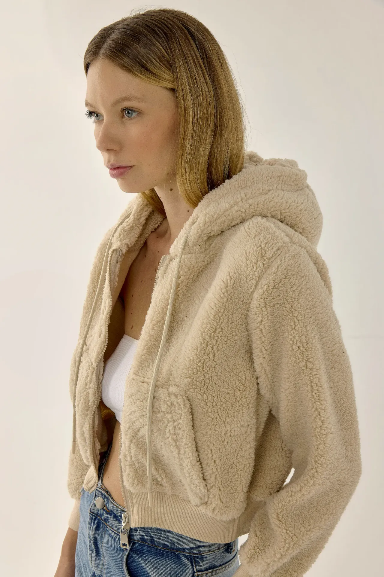 Plush Crop Jacket with Zipper Collar