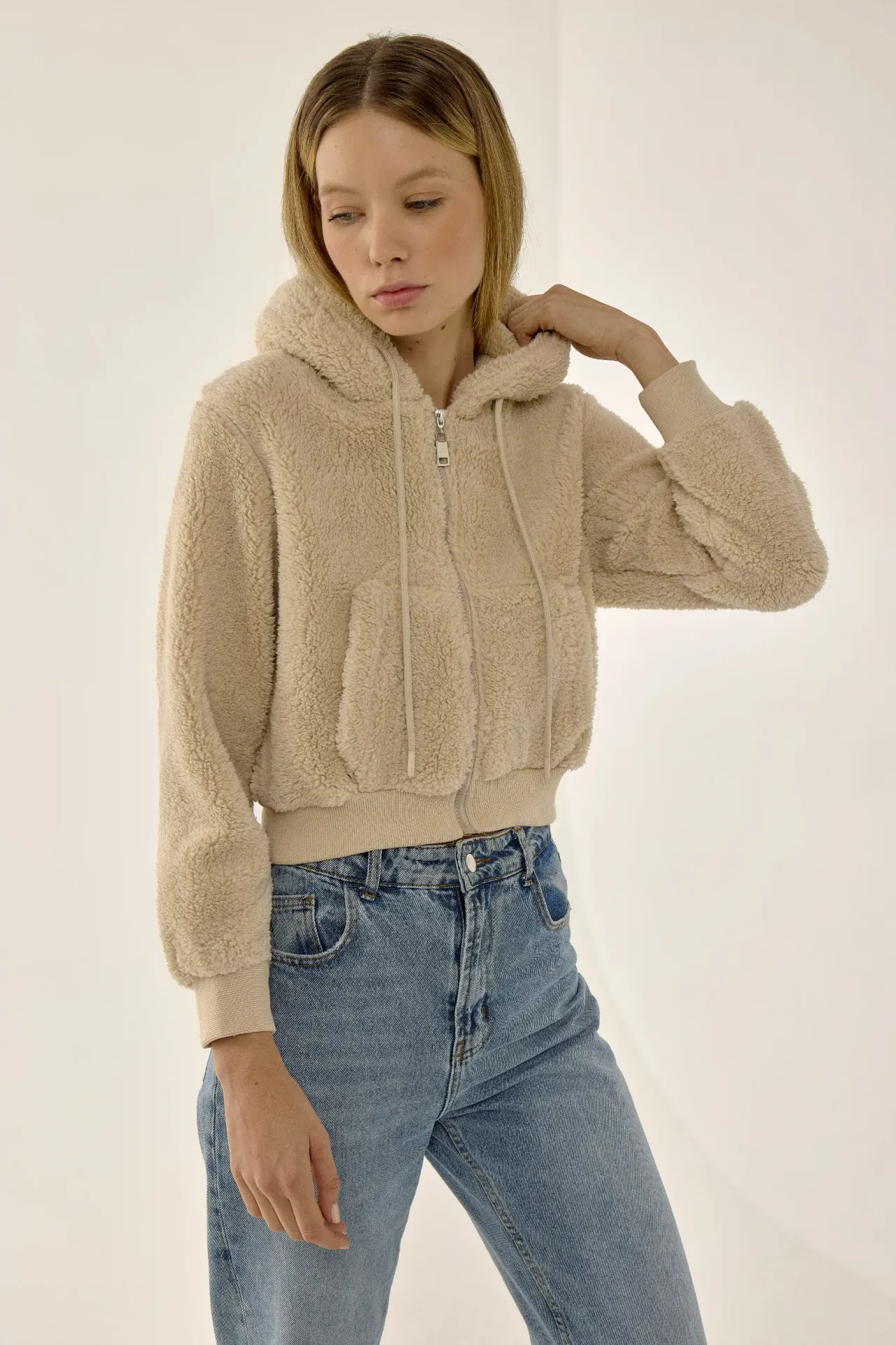 Plush Crop Jacket with Zipper Collar