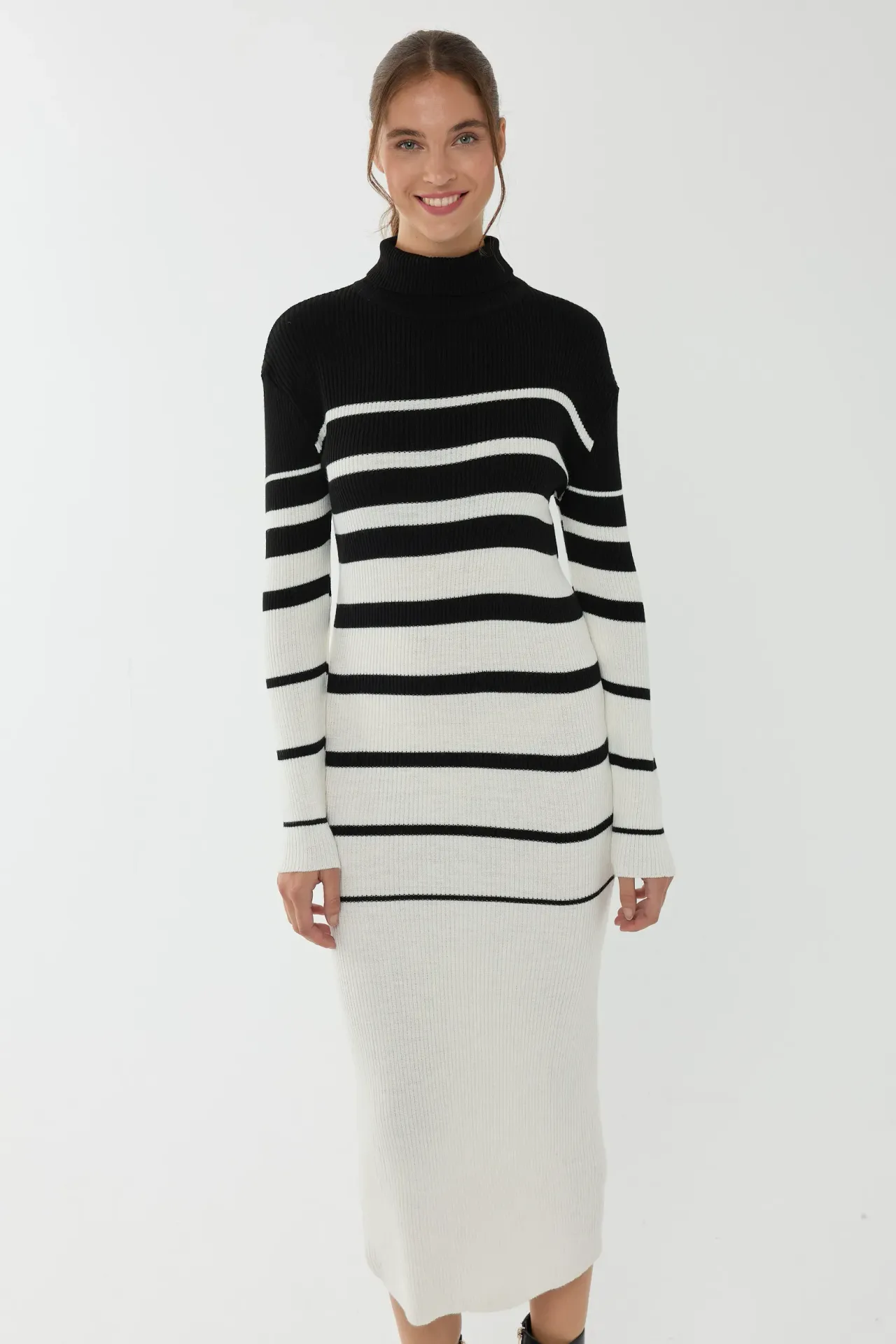 Striped Turtleneck Bodycon Midi Dress