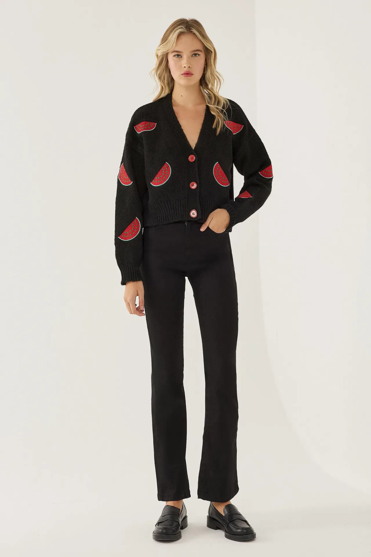 Fruit Pattern V-Neck Button Cardigan