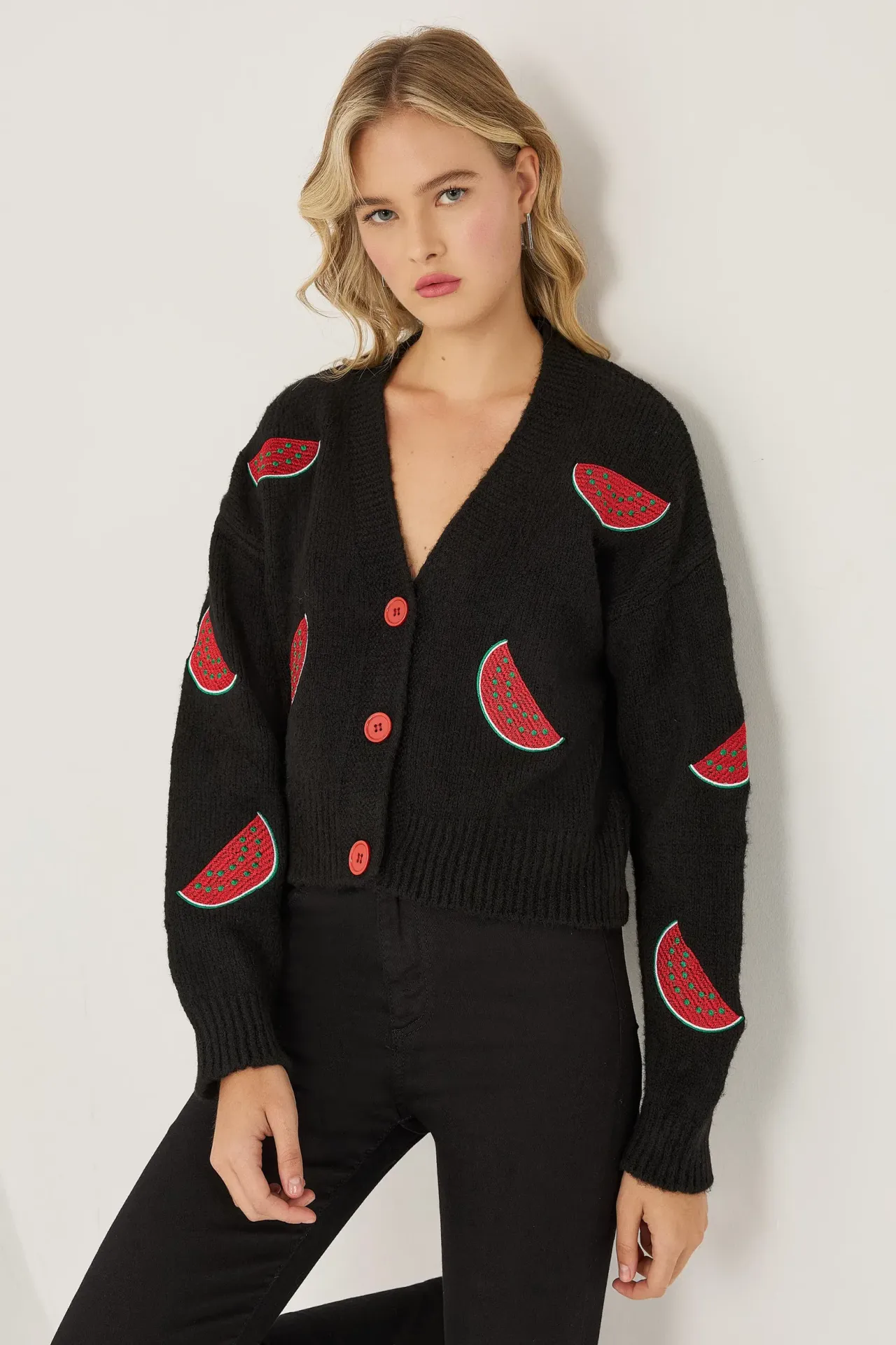 Fruit Pattern V-Neck Button Cardigan